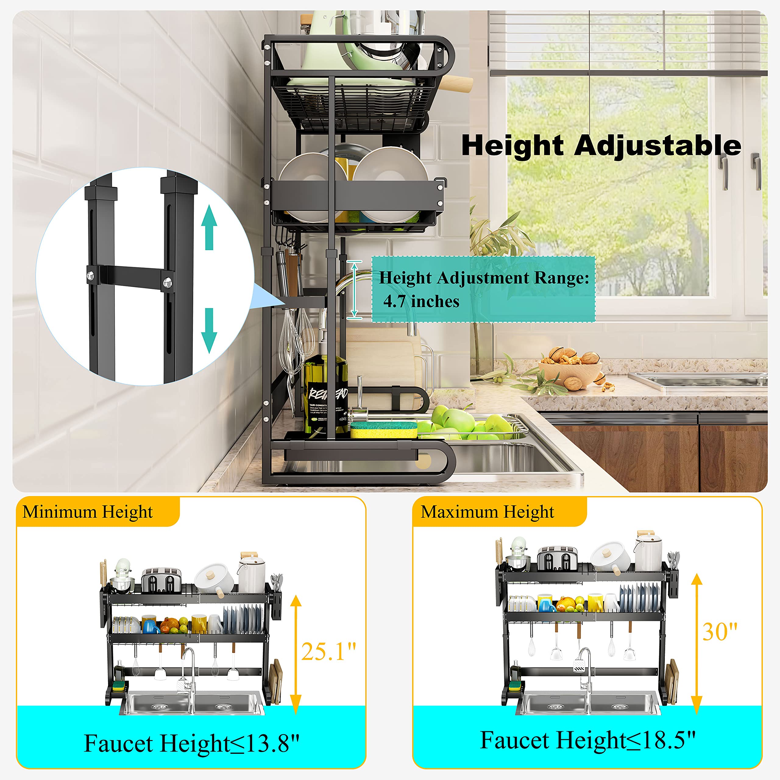 Over Sink Dish Drying Rack, SAYZH 3 Tier Full Stainless Steel Large