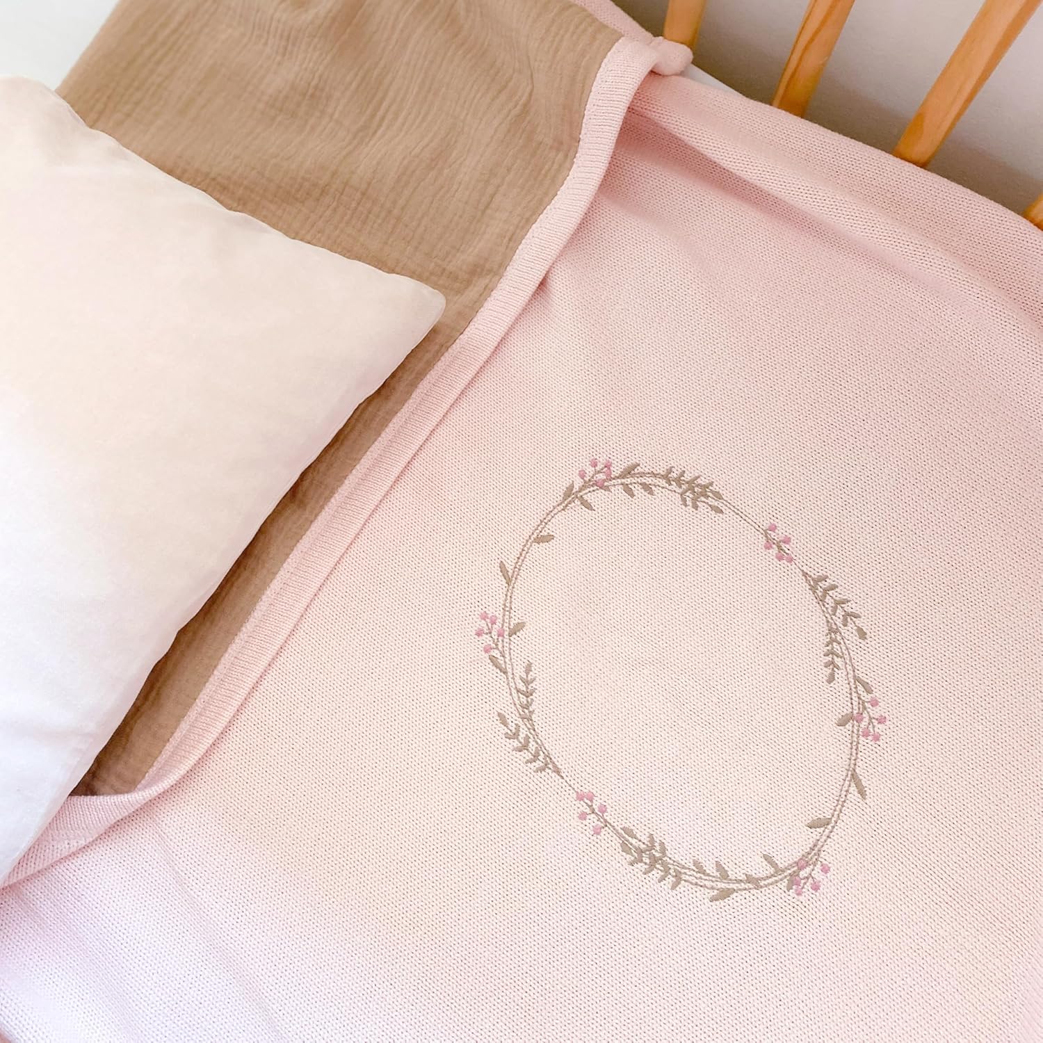MON AMI 40-Inch Wreath Embroidered Double-Sided Blanket | 100% Cotton Pink Throw with Crinkle Muslin Backing | Soft, Lightweight & Machine Washable | Nursery & Gift Essential