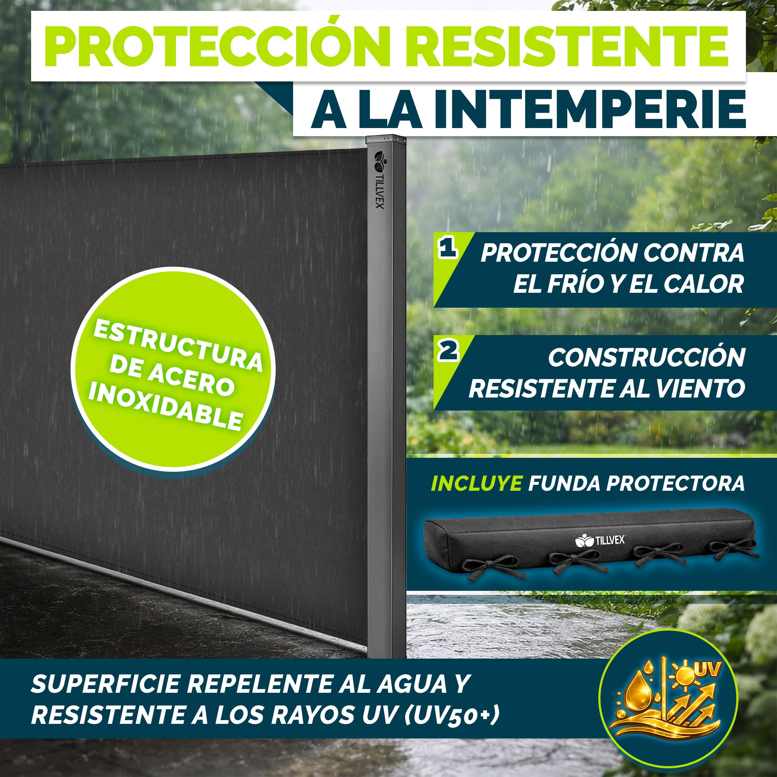 tillvex® Toldo Lateral 200 x 300 cm Extensible y Opaco con Cubierta | Protección Visual para balcón, jardín y terraza | Estor Lateral con Soporte de Pared | Protección Solar de Acero Inoxidable