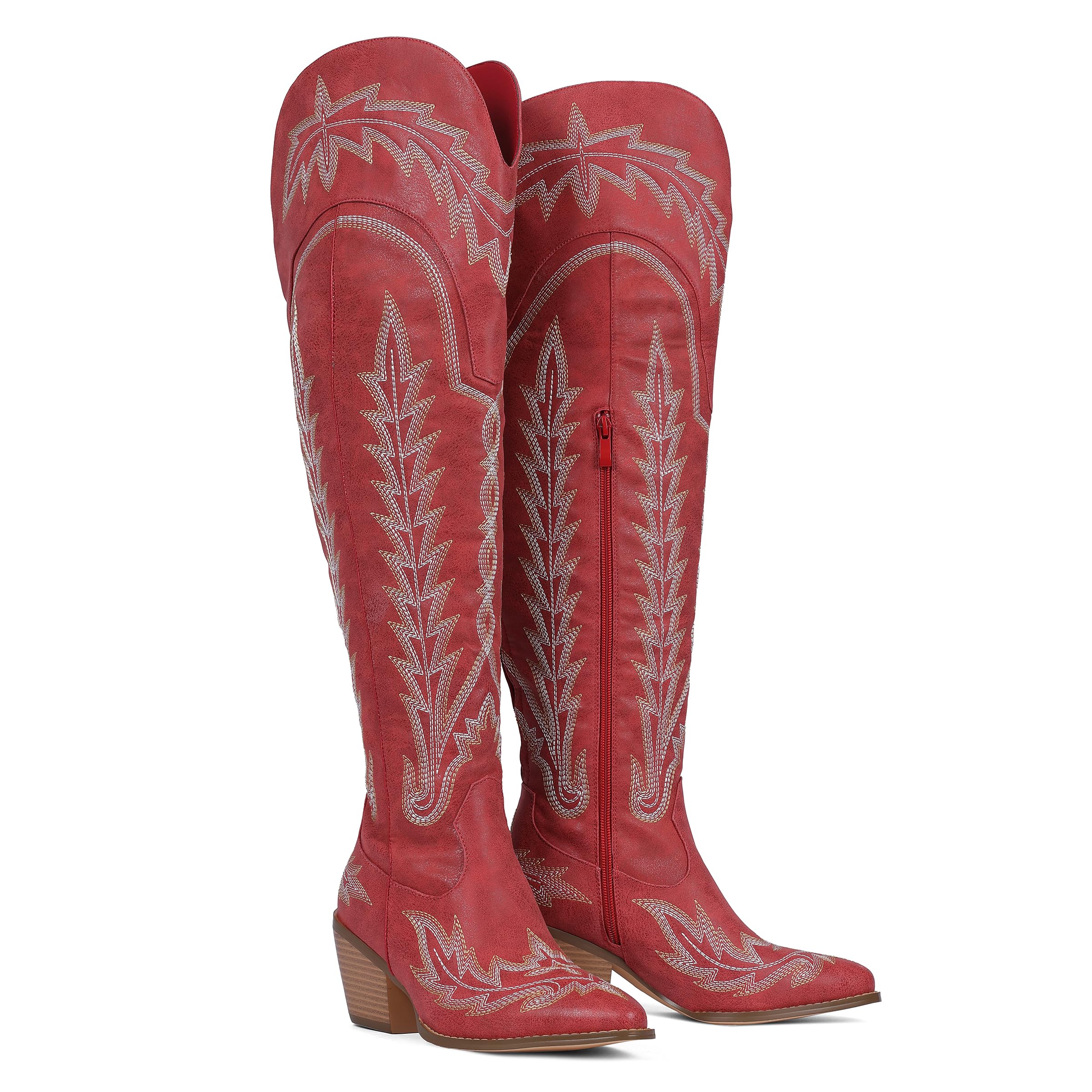 Celbreez Red Cowboy Boots for Women Thigh High Wide Calf Cowgirl Boots Embroidered Knee High Western Boot Pointed