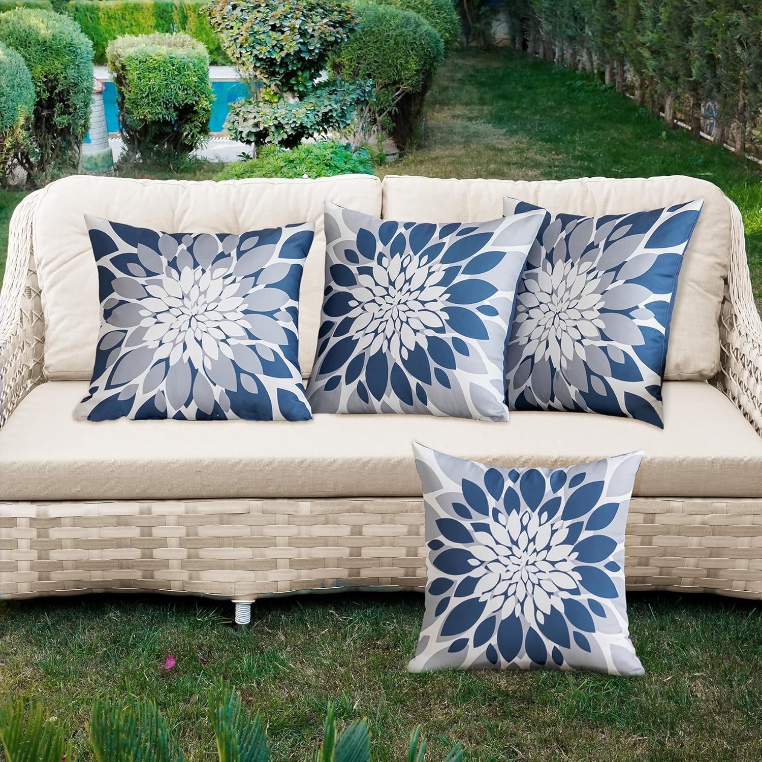 Qahing Pack of 4 Outdoor Waterproof Pillow Covers 24x24 Decorative Outdoor Throw Pillows Garden Square Cases for Patio Furniture, Couch, Tent Sunbrella, Bench, Blue Grey