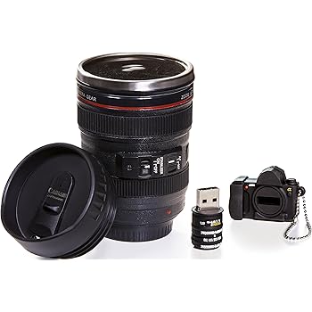Camera Lens Coffee Mug, 13.5 Oz :: Exact Replica of Canon EF 24-105mm Lens :: Comes with 16GB USB Flash Drive :: Durable PVC & Stainless Steel :: Great Gift Set for Photographers by Indie Camera Gear