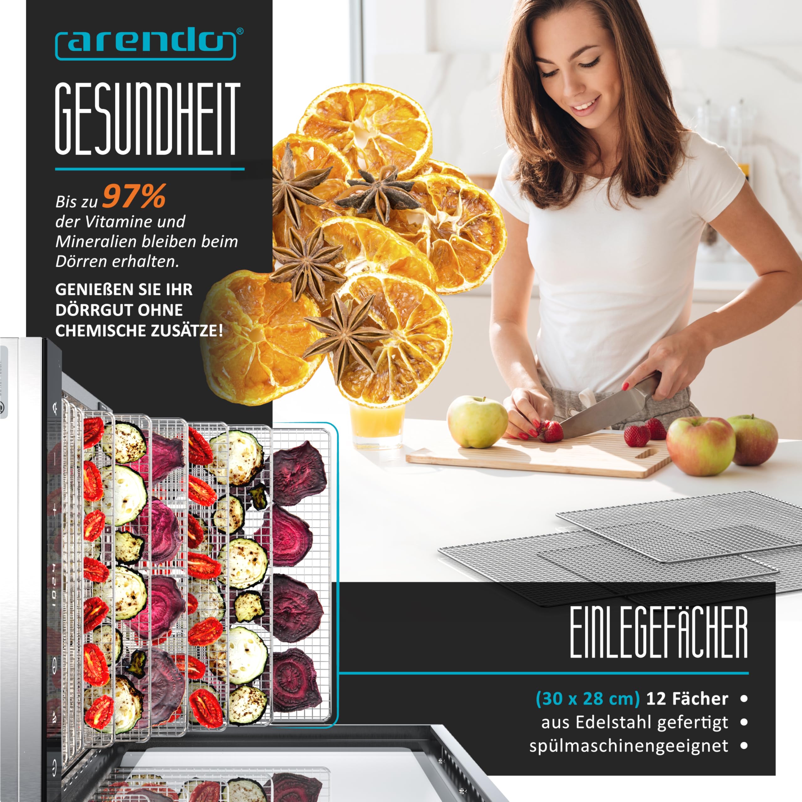 Arendo - Dörrautomat Edelstahl mit 12 Edelstahlgitter - 800 W - 30°- 90°C - 12 Edelstahl Einlegetabletts mit insgesamt 10.000 cm² - Dörrgerät Dehydrator Obsttrockner Dörrapparat - Obst Fleisch Pilze
