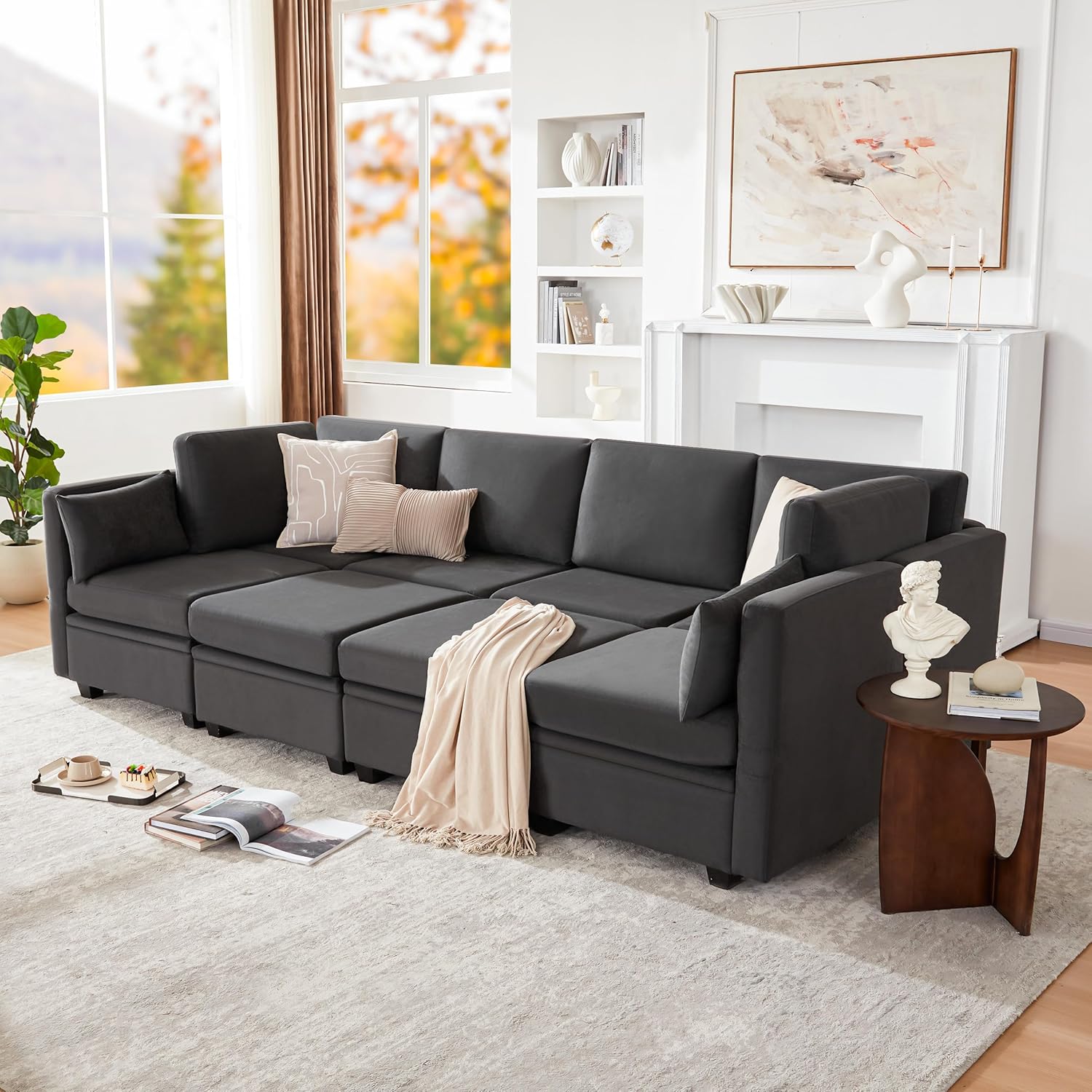 Modular Sectional Sleeper Sofa Bed, 8 Seat Couch With Storage, Reversible Chaise for Living Room, Darkgrey