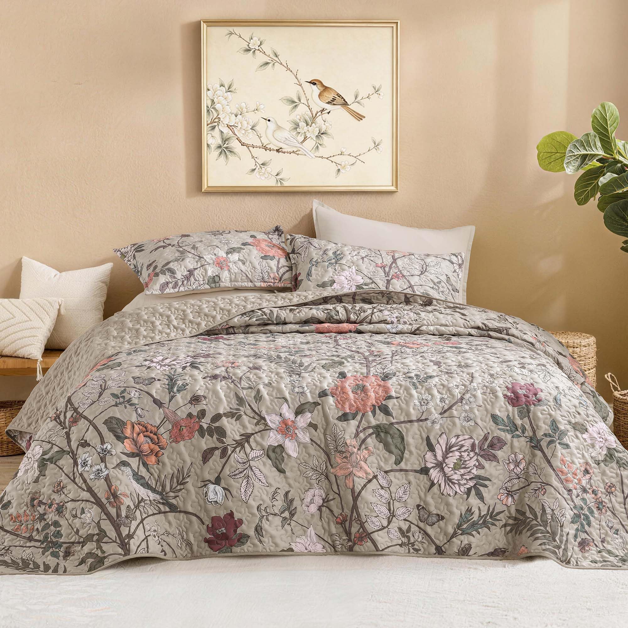 Photo 1 of Litanika Queen Quilt Set - Botanical Floral & Bird Print, Oatmeal
