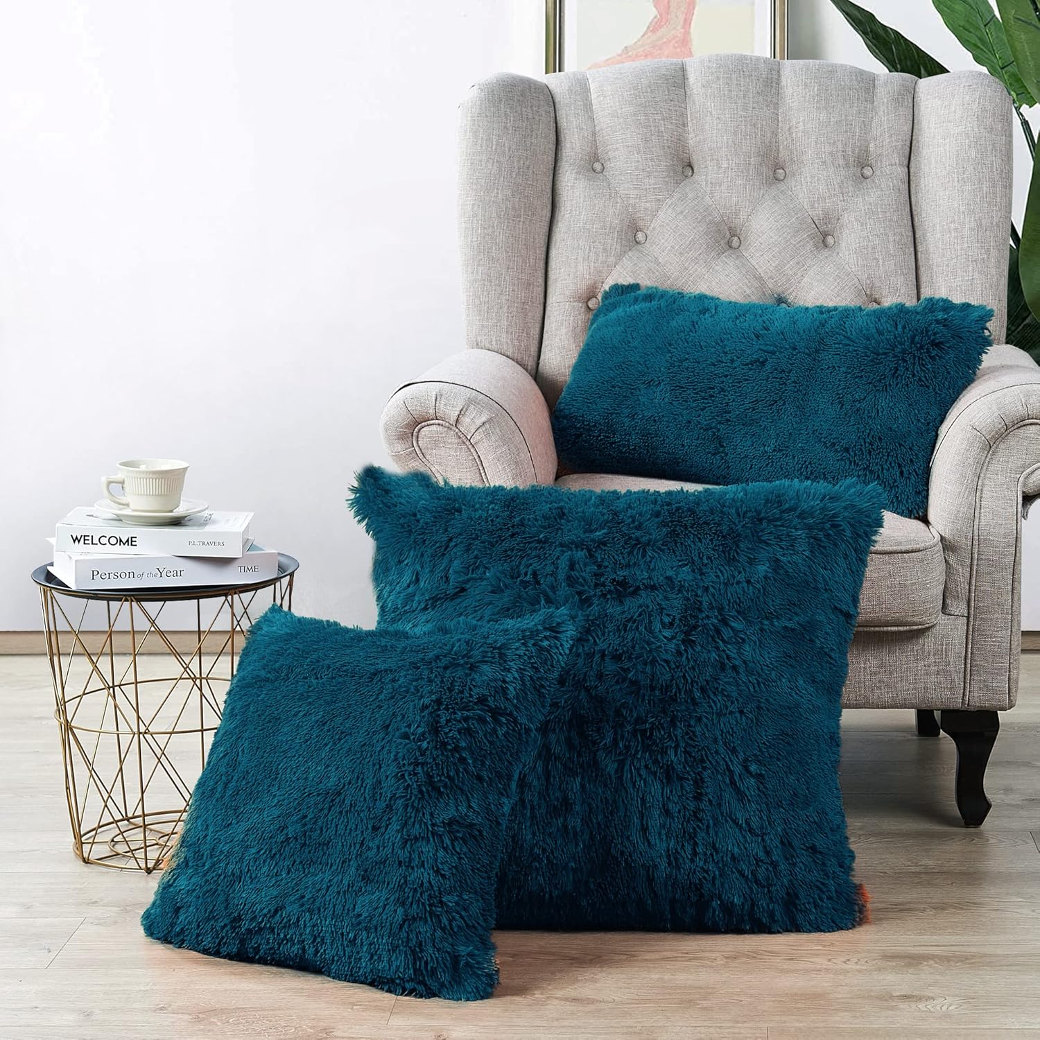 Shaggy Furry Fluffy Faux Fur Decorative Square Throw Pillow Covers 20 x 20 Inches Set of 4, Plush Soft Luxury Cushion Case Pillowcase for Couch Bed Car Bedroom Living Room, Teal