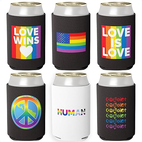 Miniatura 1 de Super Vibrant, Be Proud LGBTQIA Coolies - Juego de 6 piezas de enfriadores de latas de soda de alta calidad. Fundas plegables de neopreno LGBTQ Ally
