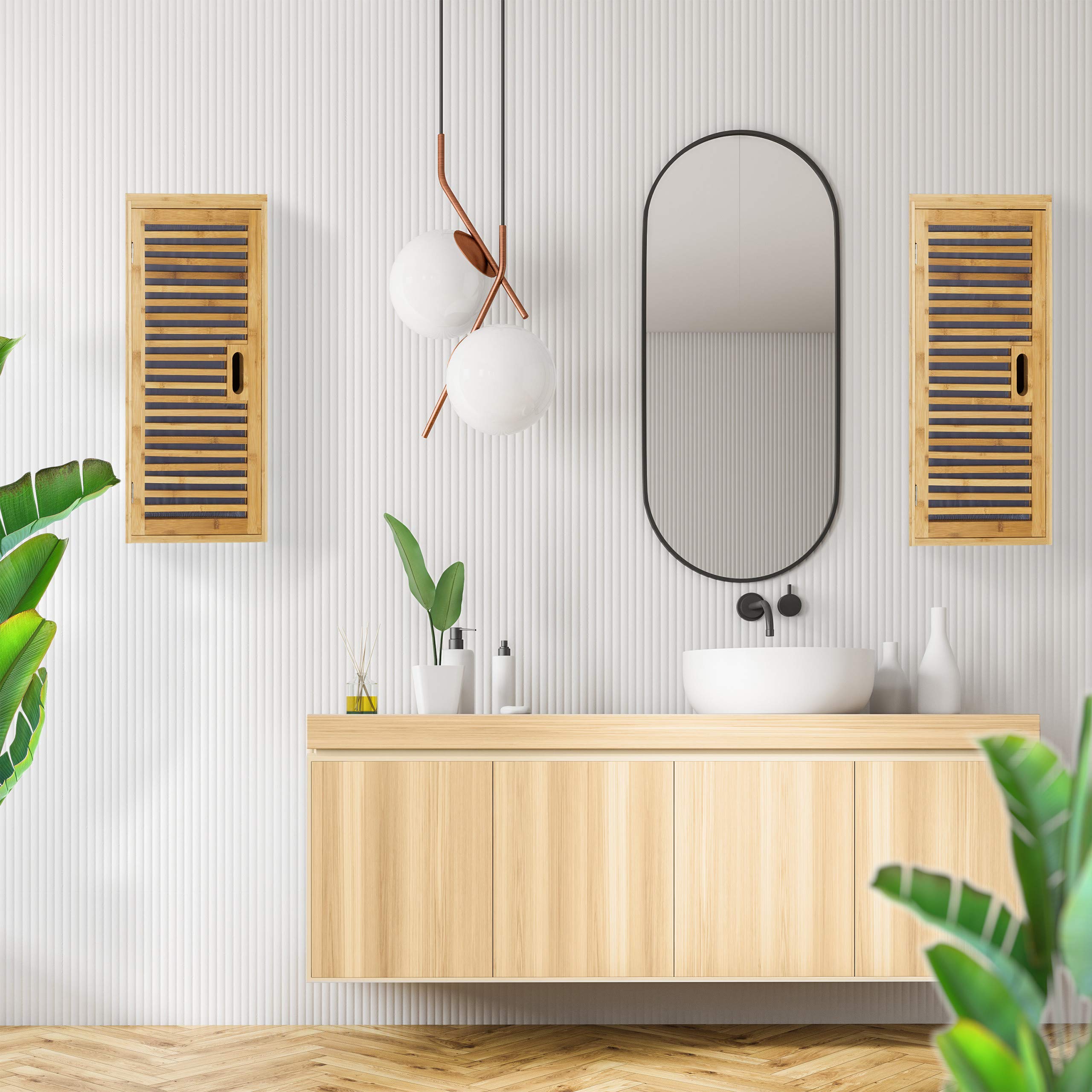 Relaxdays Armadietto da Parete per Il Bagno, Scaffale Appeso in bambù, 2 Ripiani, H x L x P: 66 x 35 x 20 cm, Naturale, Bambú, MDF, Marrone, 20x35x66 cm