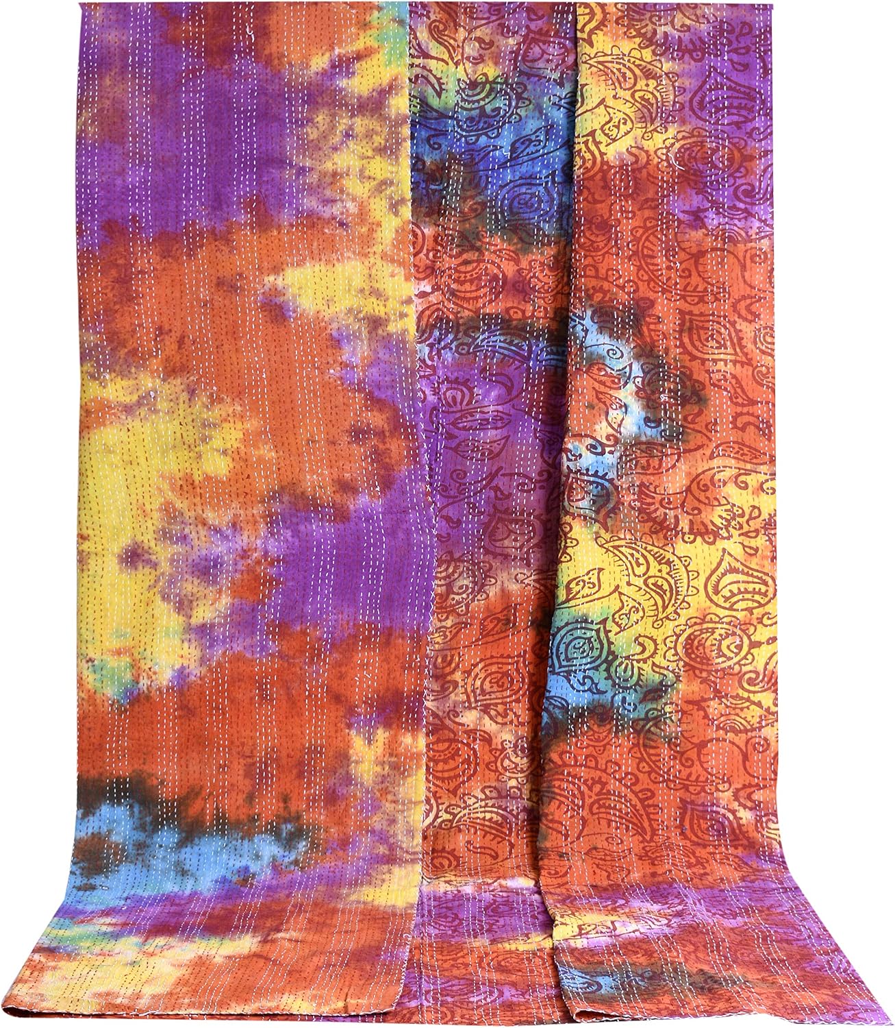 Sophia-Art Tye Dye Kantha Patchwork Decorative Throw Blanket Multi Color Queen Vintage Reversible Quilt