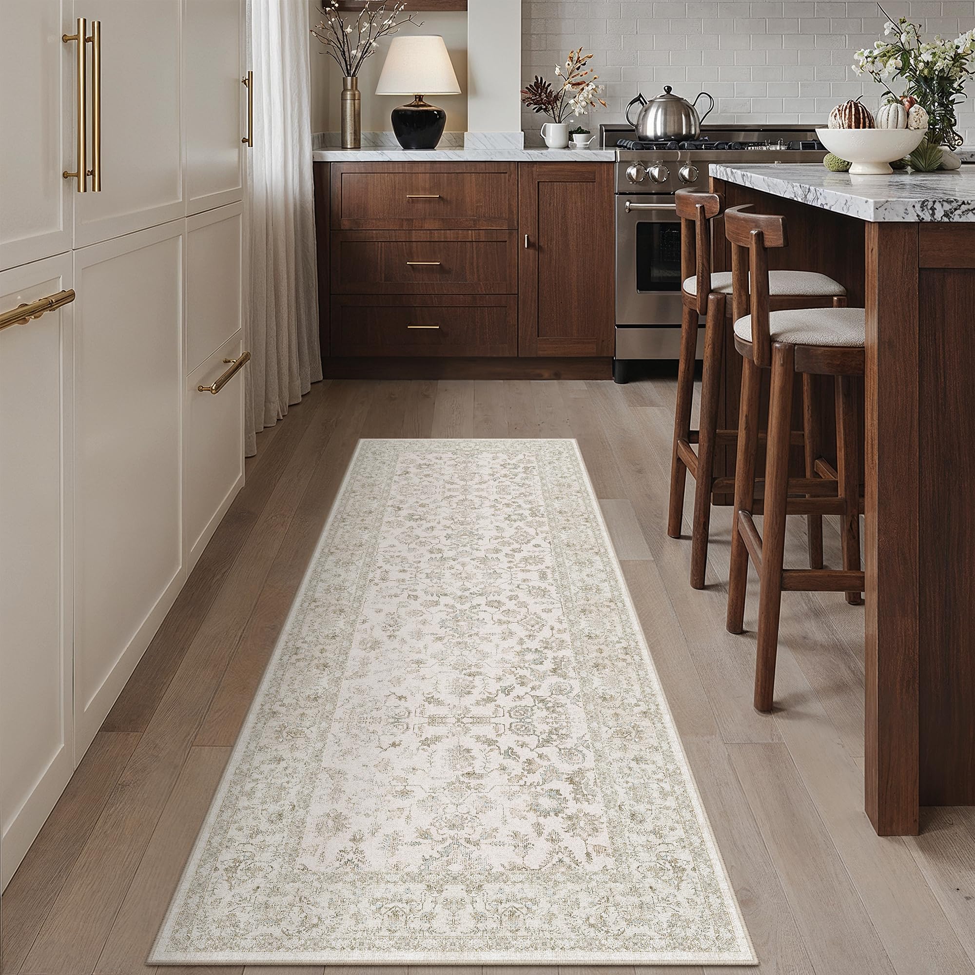 PureCozy 2x5 Beige White Runner Rug Washable Hallway Non Slip Kitchen
