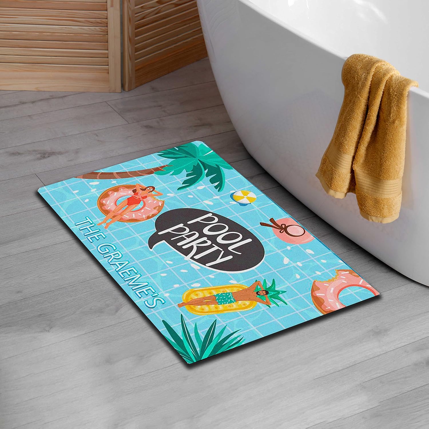 Custom Name Swimming Pool Door Mat Personalized Bath Mat Welcome To Our Pool Doormat 24x16 30x18 inche Summer Party Decor Low-Profile Doormat For Front Door Enterway Kitchen Easy Clean Made in USA