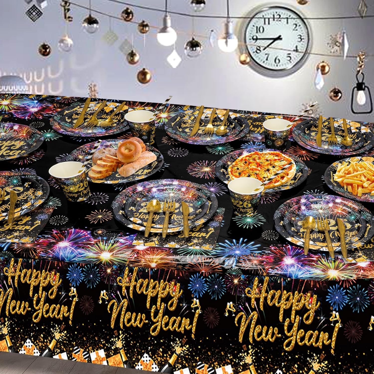 HOWAF Colorful New Year Tableware Set, New Year Eve’s Party Supplies Dinnerwear with Paper Plates, Napkins, Cups, Knife, Fork, 2026 NYE Table Cover with Firework Patterns for NYE Decors