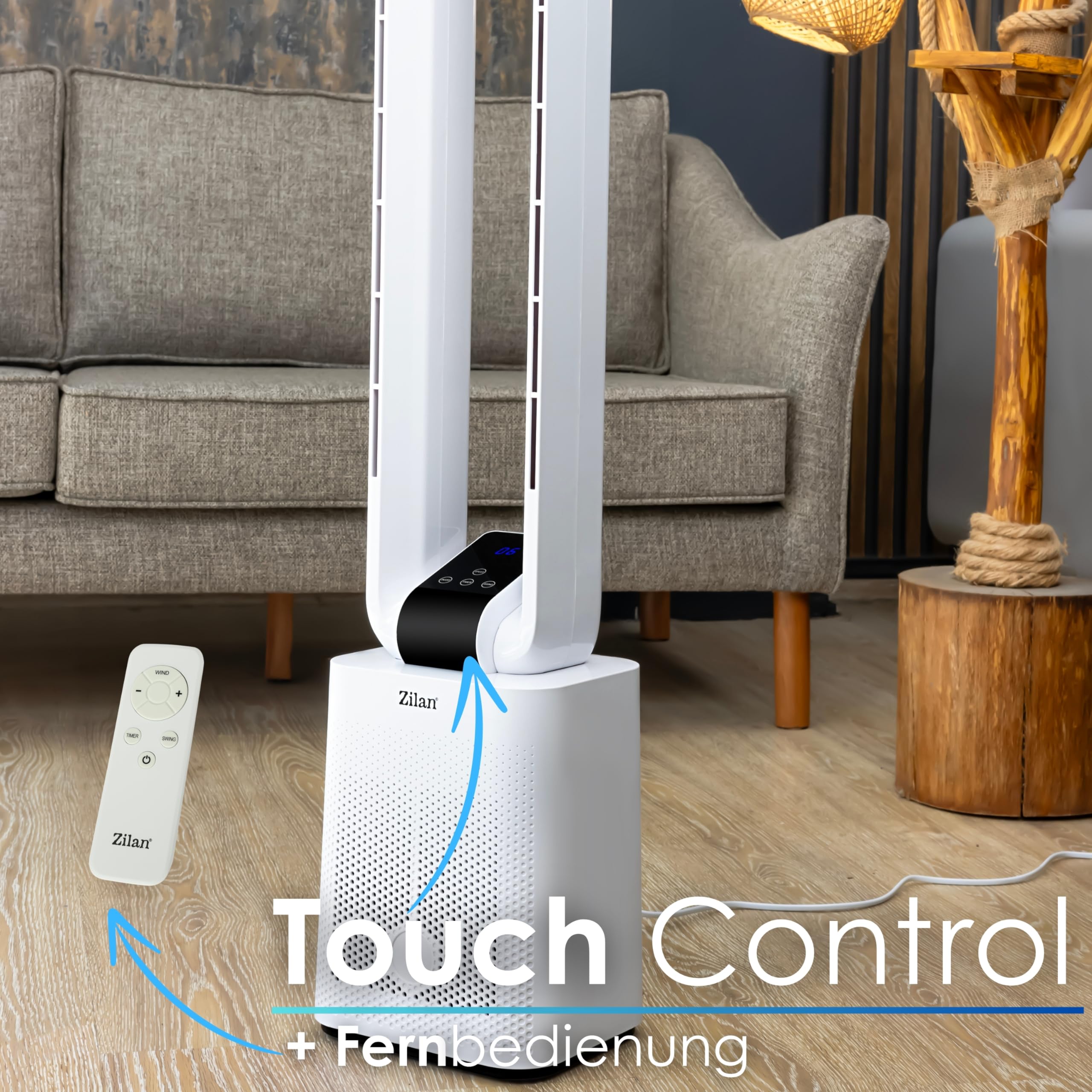 Zilan Turmventilator Blattlos Leise Standventilator mit Fernbedienung 12 Stufen 3 Modi BLDC Motor 45° Oszillation Timer 15h LED Display Säulenventilator Tower Fan Energiesparend Wanda White