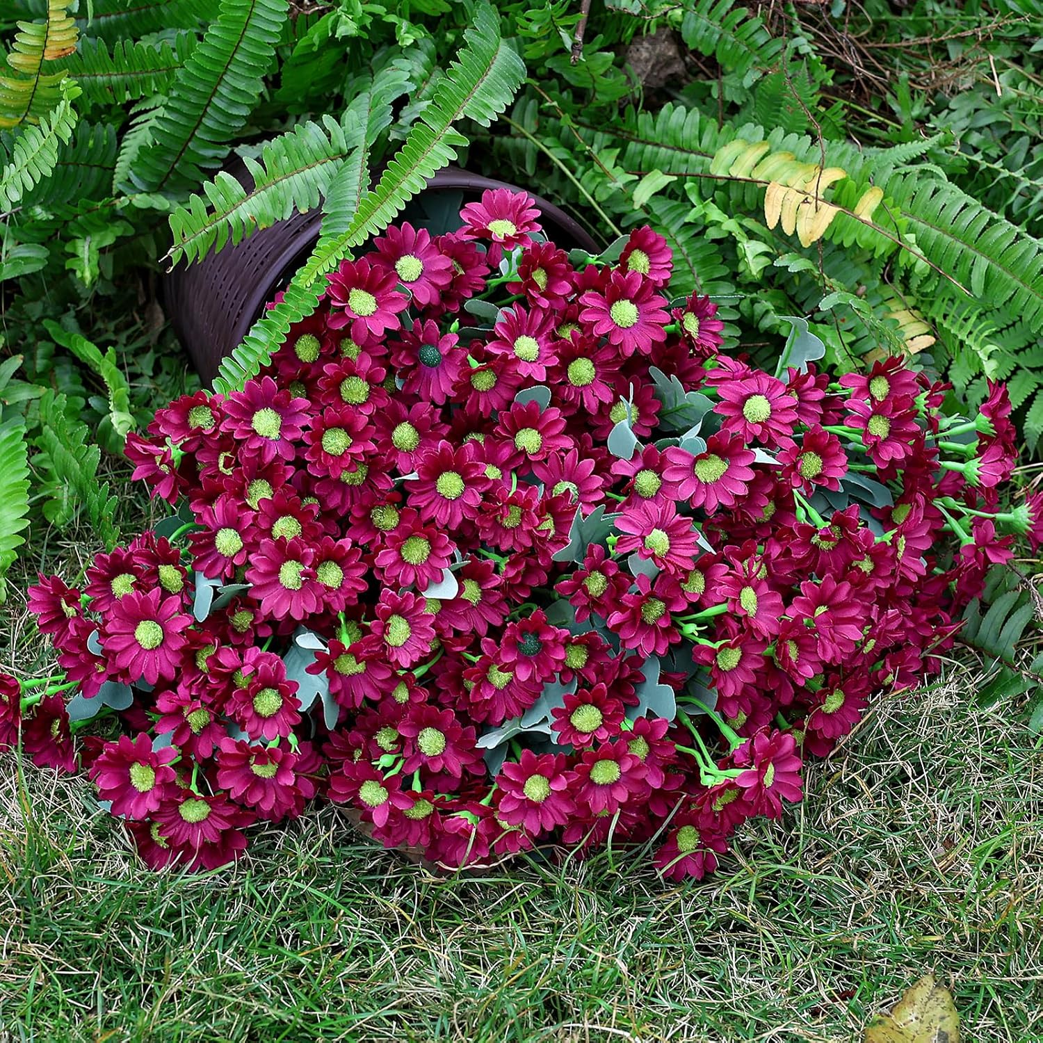 24 Bundles Artificial Daisy Flowers for Outdoor - Fake Mums Faux UV Resistant Daisies Plants Florals for Home Garden Patio Front Porch Outside Decorations - Maroon