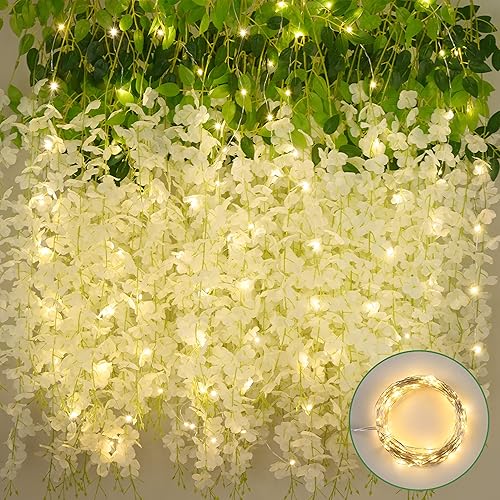 BLEUM CADE 10Pcs White Fake Wisteria Hanging Flowers with Lights,