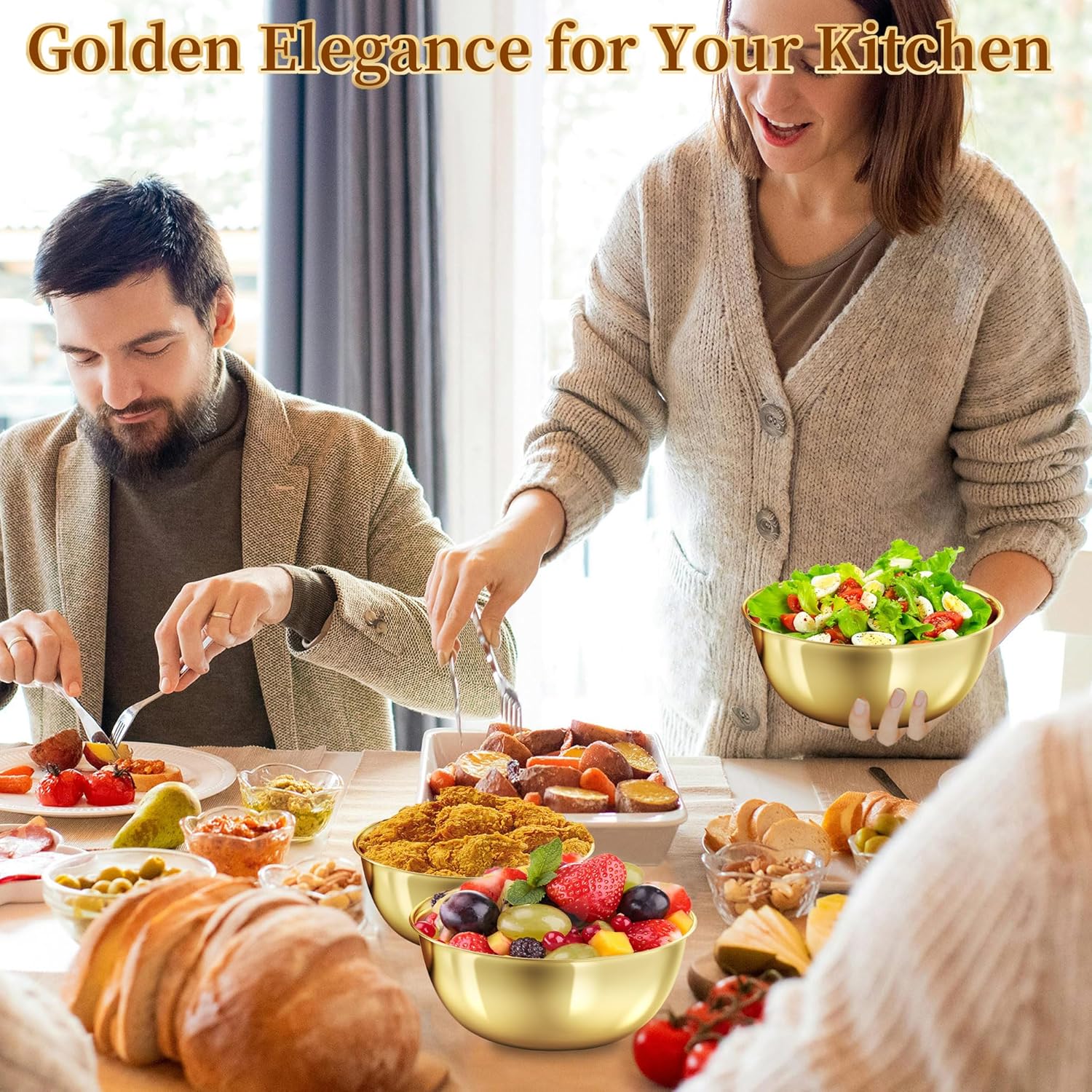 8 Pcs Gold Stainless Steel Mixing Bowl with Scale, 74 OZ Salad Mixing Bowl, 8.26 In Serving Bowl Large Noodle Bowl, Kitchen Decor Cooking Bowl for Soup Fruit Sauce Pasta Snack (2100 ML)