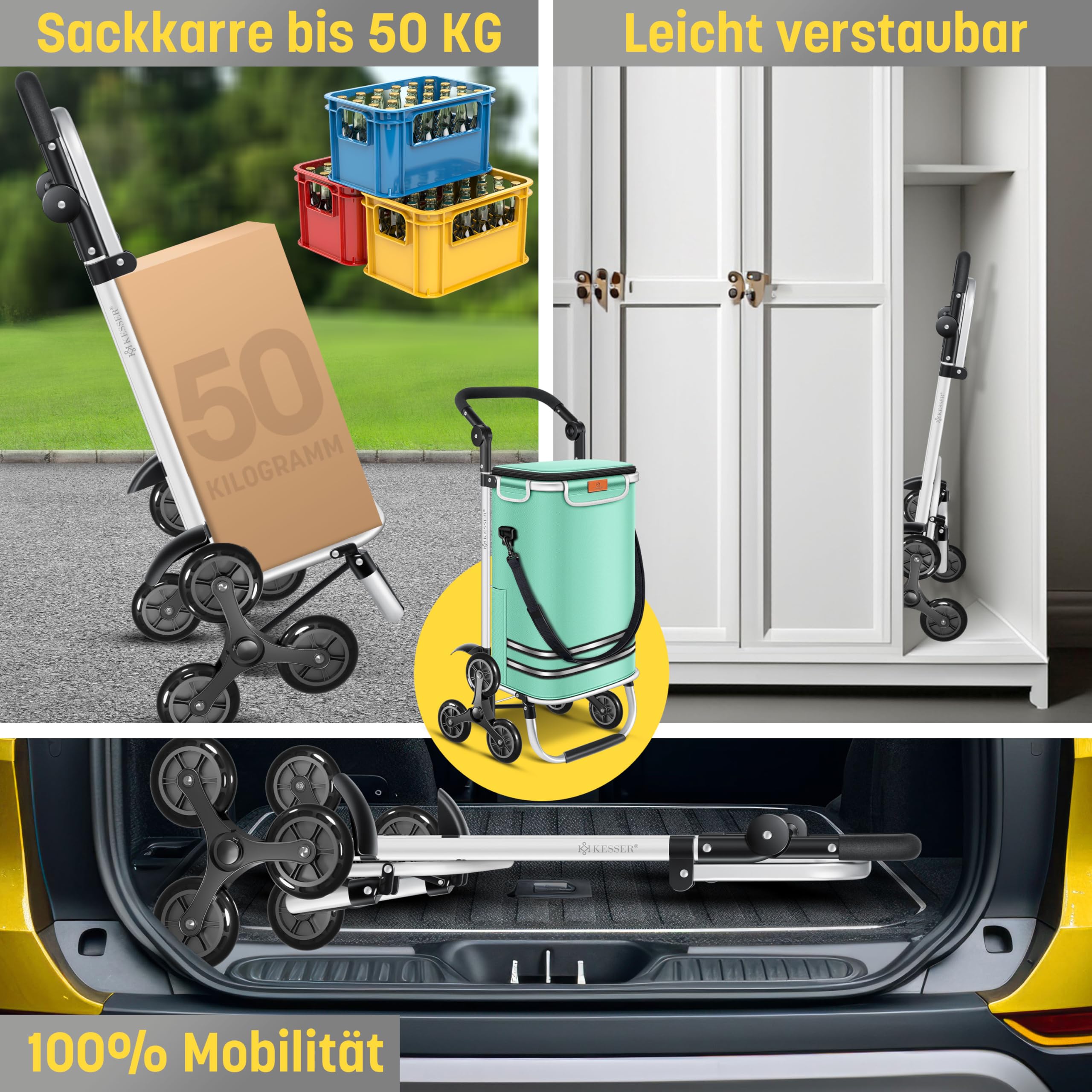 KESSER® Carro de la compra- Carro de la Compra con Compartimento Frigorífico, 56L de Capacidad, Capacidad de Carga hasta 50kg, 3en1 Carro y Bolsa bandolera, incl. Chip de compra, Plegable, Verde Menta