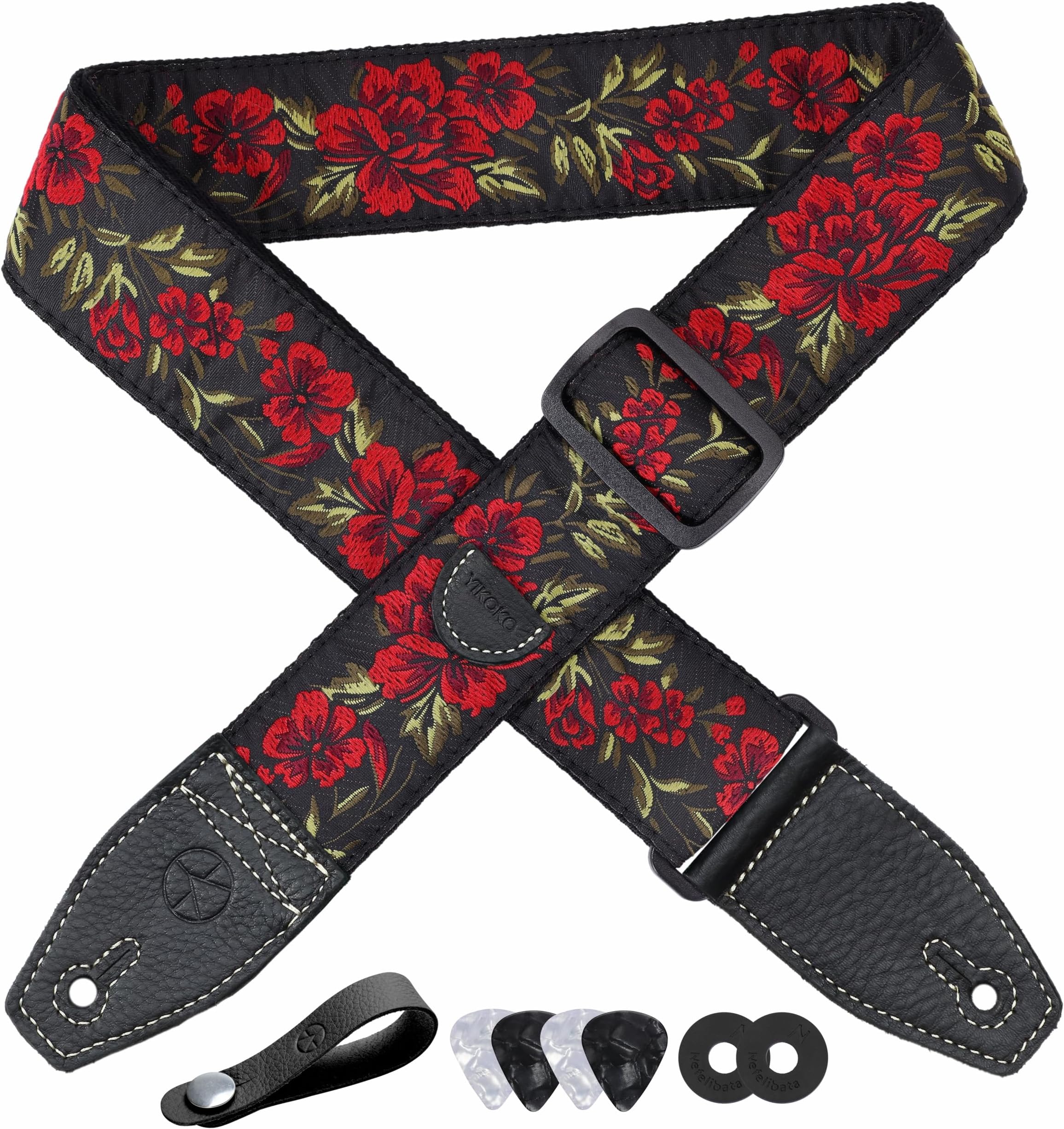 Guitar Strap 2", Cotton Guitar Straps with Full Grain Leather End, for Bass, Electric and Acoustic Guitars