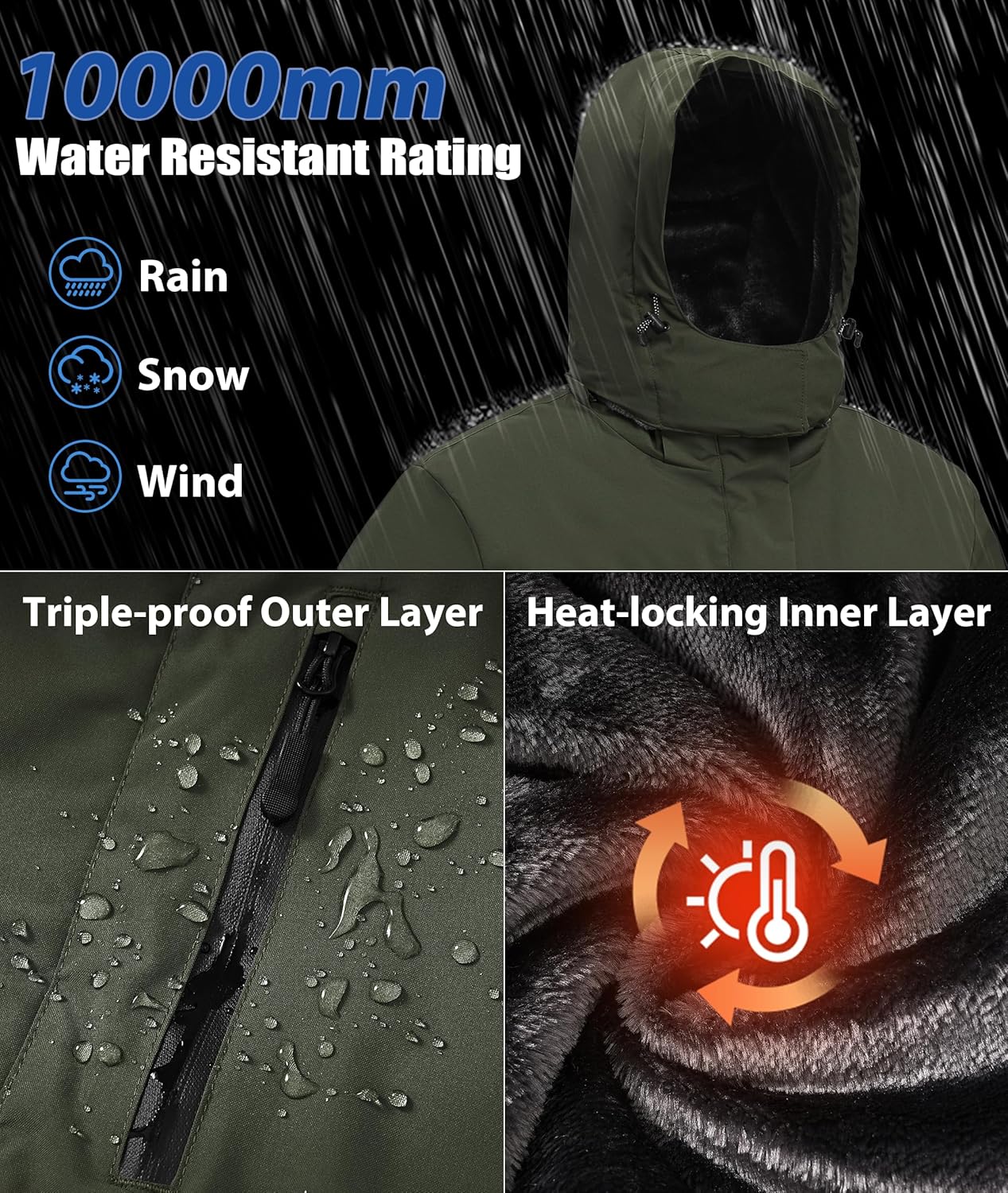 Mens Winter Snow Jacket Waterproof Ski Jackets Snowboard Rain Warm Coat Insulated Hood Fleece Lined - Image 2