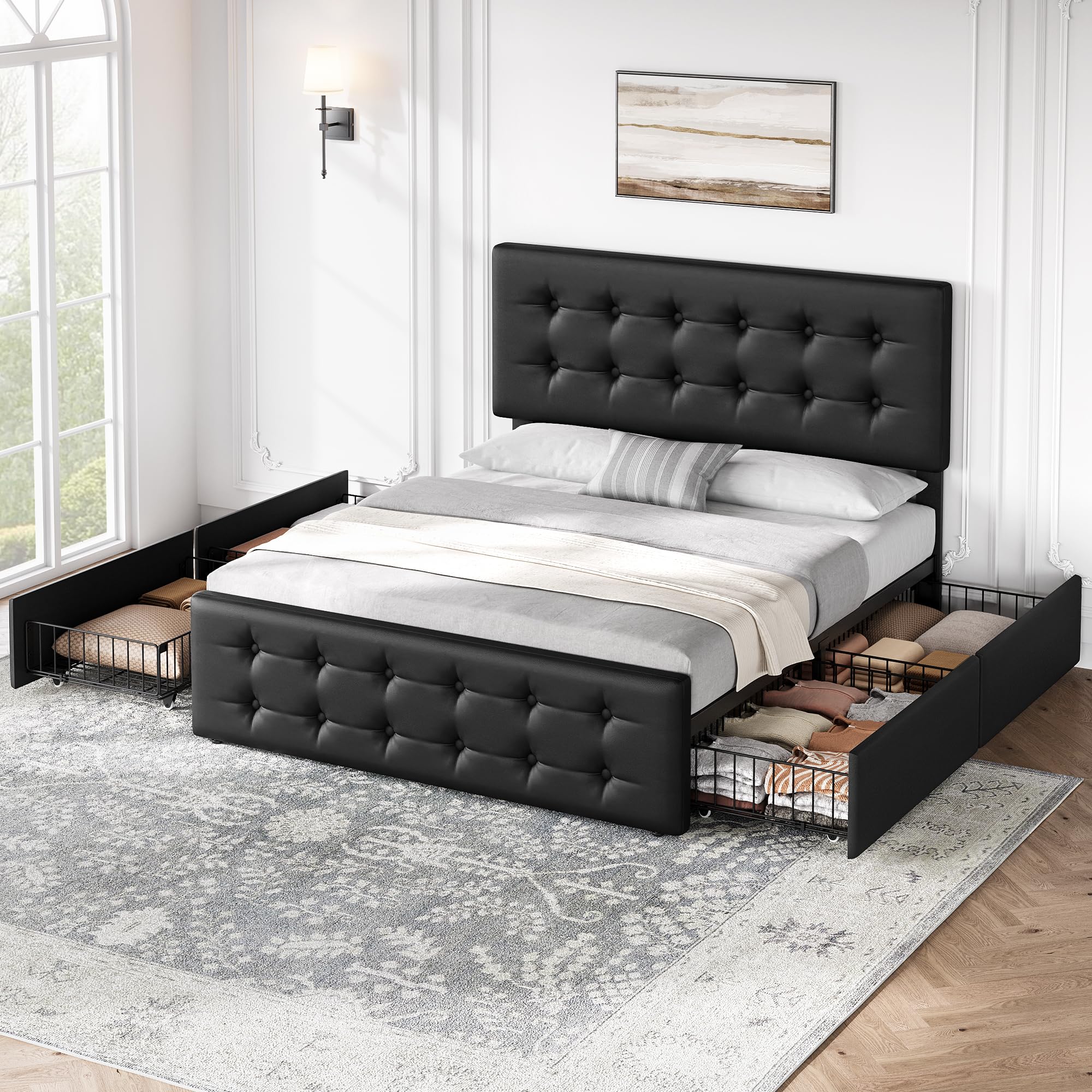 GAOMON Full Size Bed Frame with 4 Storage Drawers and Headboard, Faux ...