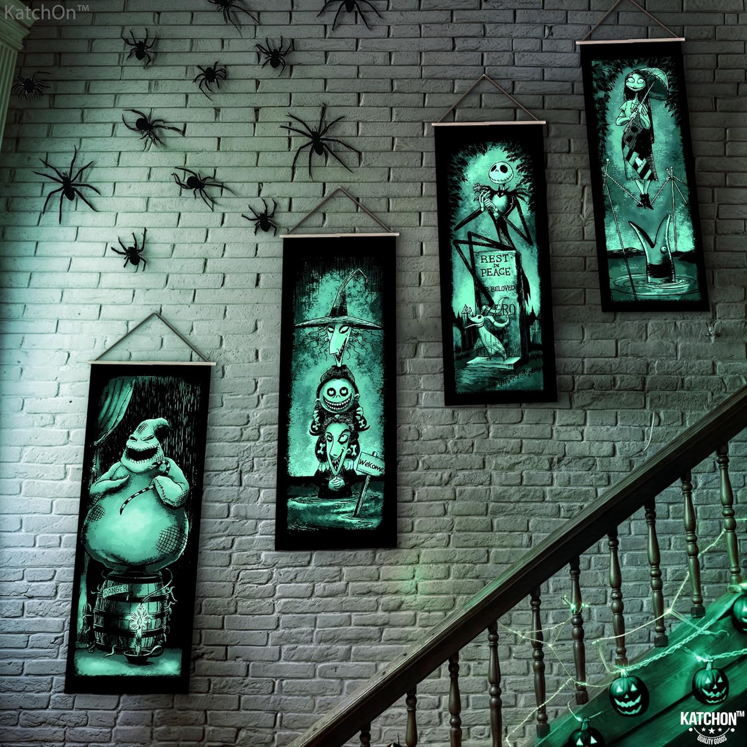 KatchOn, Halloween Decorations Set- Pack of 6 | Spooky Stretching Portrait- 47x16 Inch, Pack of 4 & Halloween Door Banner-72x12 Inch | All 6 in 1 Pack, For Spooky Party Decorations, Witch Theme Banner