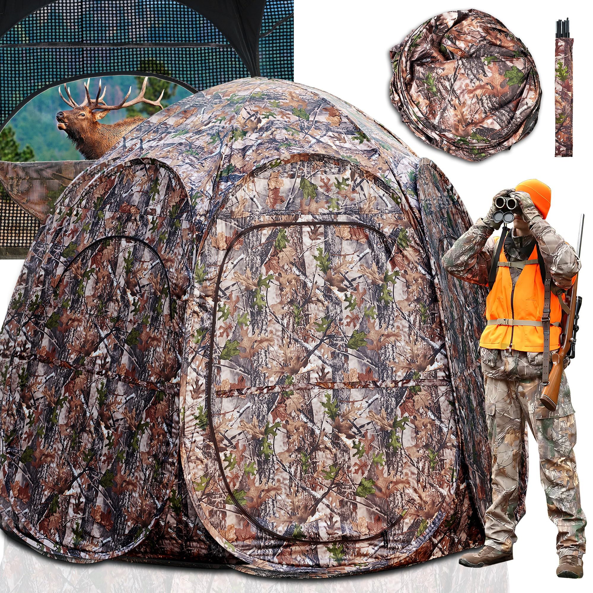 Hunting Blind, Ground Blinds for Deer Hunting 6-Sided Pop Up Blind 240 Degree See Through Ground Blind, Camo Tent 84" x 74" x 78"H for 3-4 Person Deer & Turkey Hunting Blinds