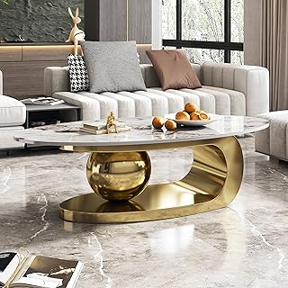 51.2" Oval Coffee Table, Modern Faux Marble Coffee Table with Sintered Stone Tabletop, Large Unique Center Table with Gold Stainless Steel Base for Living Room, Golden+White