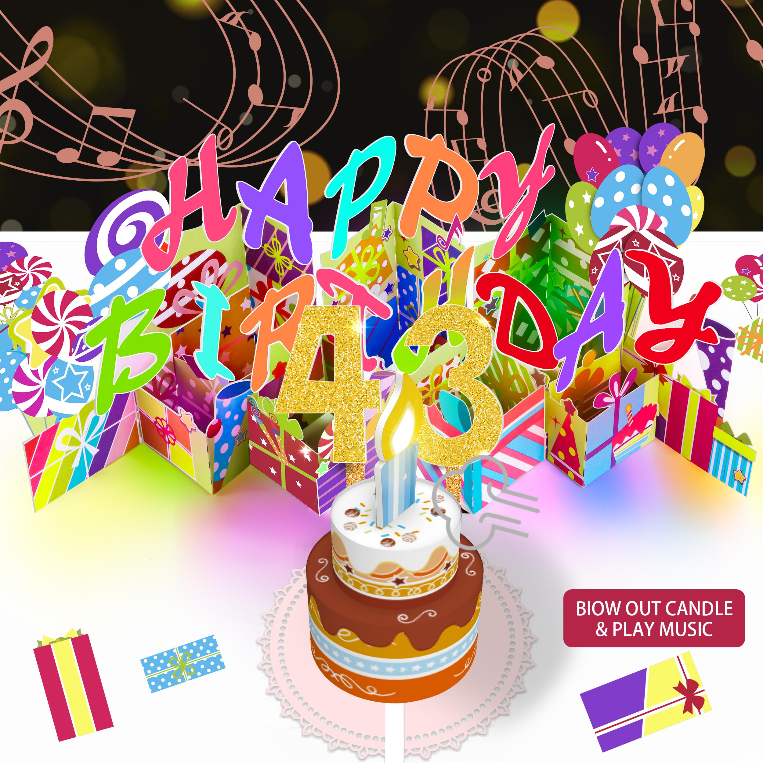 Gumry 43rd Birthday Musical Pop Up Card, Colorful Blowable Candle, 3D Song Cards, Cheers Claps, Greeting Cards, Birthday Gifts, Decorations for Women and Men — image 1