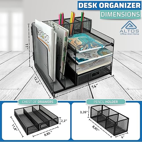 Miniatura 5 de Organizador de escritorio de malla metálica, 1 cajón deslizante, 4 bandejas horizontales y 2 secciones verticales, con 3 espacios para lápices y