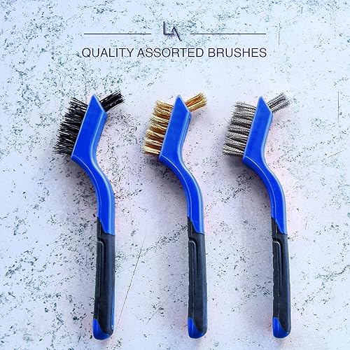 Miniatura 31 de Juego de 3 cepillos de alambre, cerdas de nailon/latón/acero inoxidable con mango curvado para óxido, suciedad y limpieza profunda, 7 pulgadas (rojo)