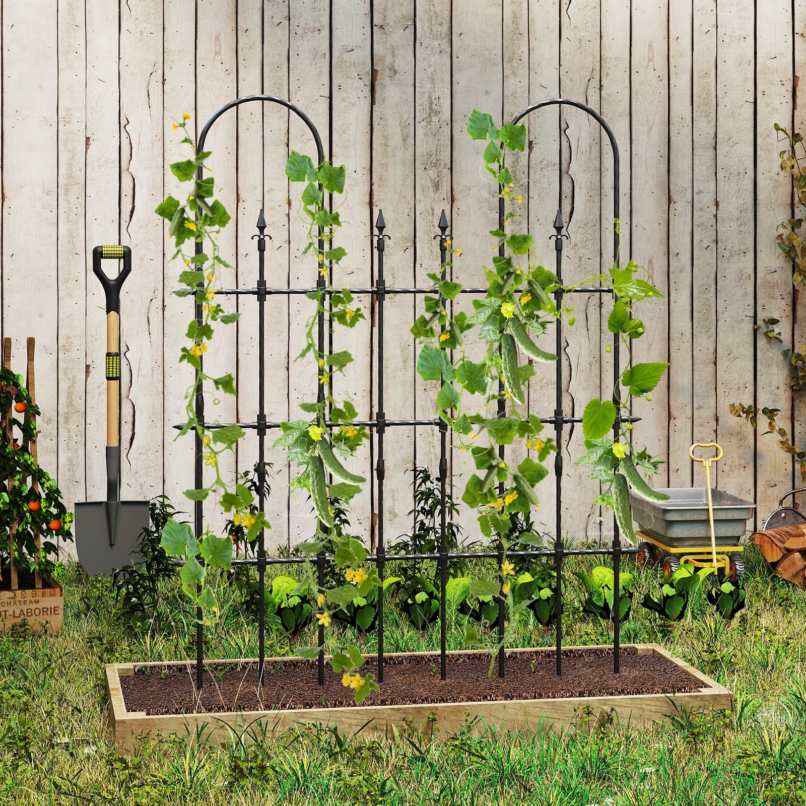 GOPLUS Rankgitter Metall, Gartenzaun mit Spitz-Heringen, U-förmiges Rosenspalier, Rankhilfe Spalier, Sichtschutz Garten, Gartenspalier Pflanzengitter für Kletterpflanzen, Blumen & Rosen, 146 x 186 cm