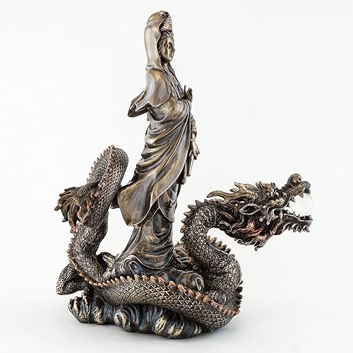 Miniatura 5 de Top Collection 13" H 10.5" L Guan Yin Riding Dragon Statue. Polvo de bronce mezclado con resina - Acabado antiguo de bronce. Diosa de la compasión y