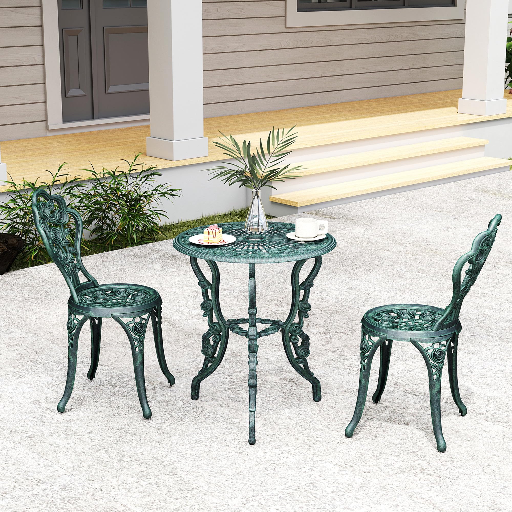Outsunny Ensemble Salon de Jardin 2 Places Table Ronde Fonte d'Aluminium Vert Vieilli