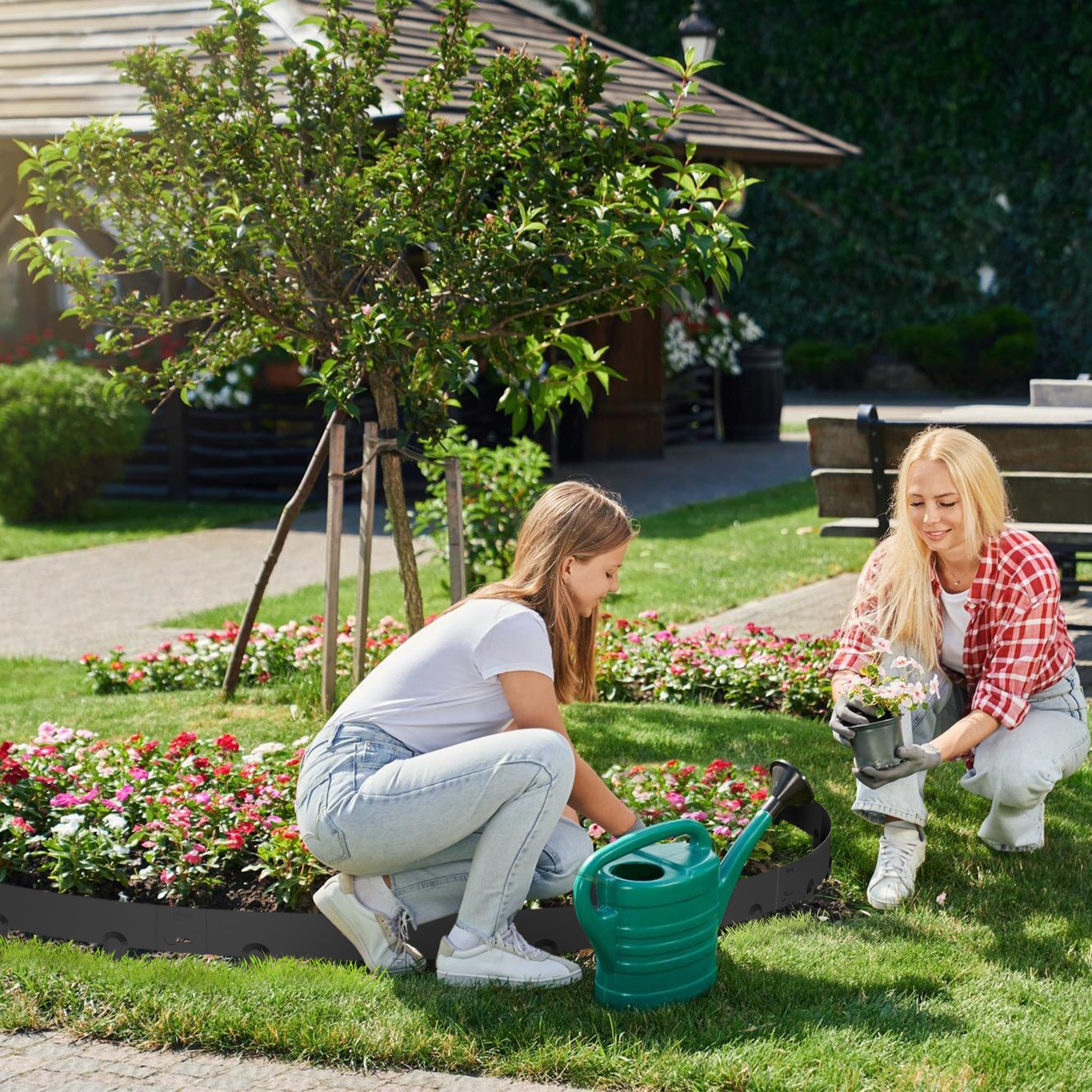 Aufun 15 Stück Rasenkante verzinkt Metall, 15.9 M Flexible Beeteinfassung Mähkant Palisade Gartenbeet mit Dornen, Beetumrandung für Hof Garten Bauernhof verwendet Werden, Schwarz (106cmL x 16 cmH)