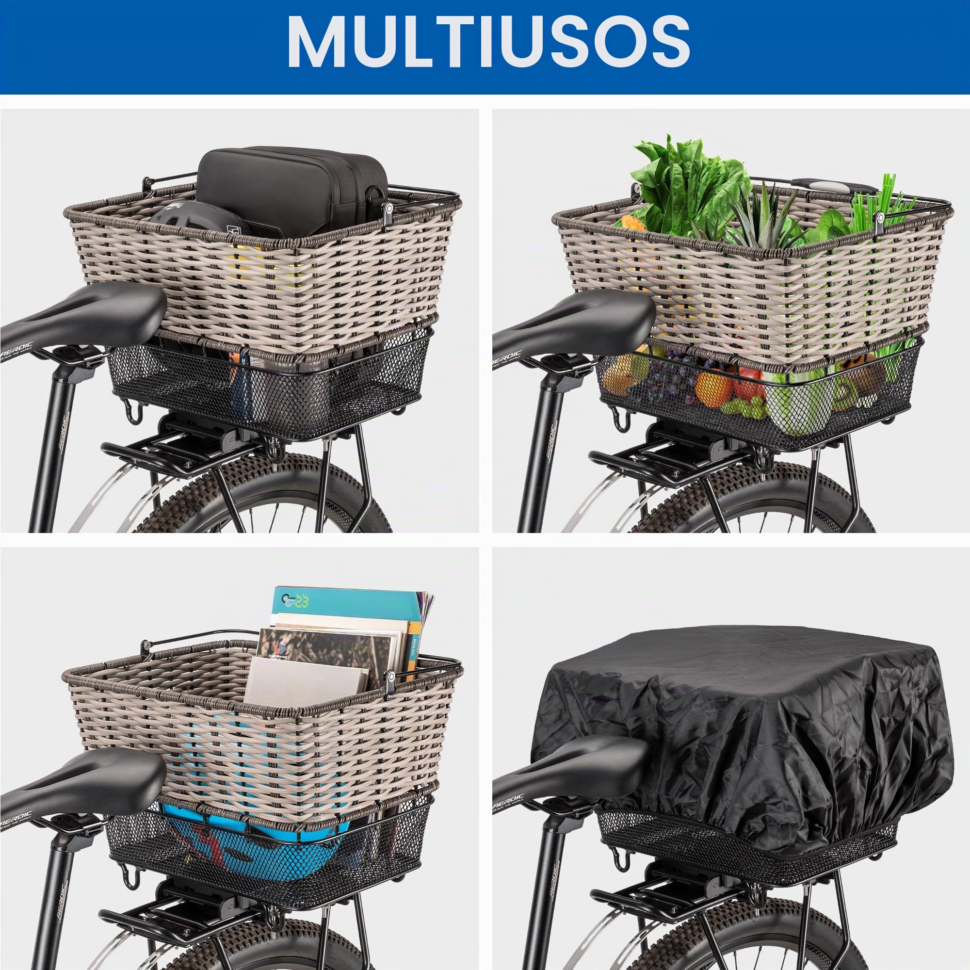 Cesta Trasera para Bicicleta – Gran Cesta Trasera con Cierre rápido, Red para Equipaje y Funda Impermeable, Cesta Tejida a Mano con Gran Capacidad