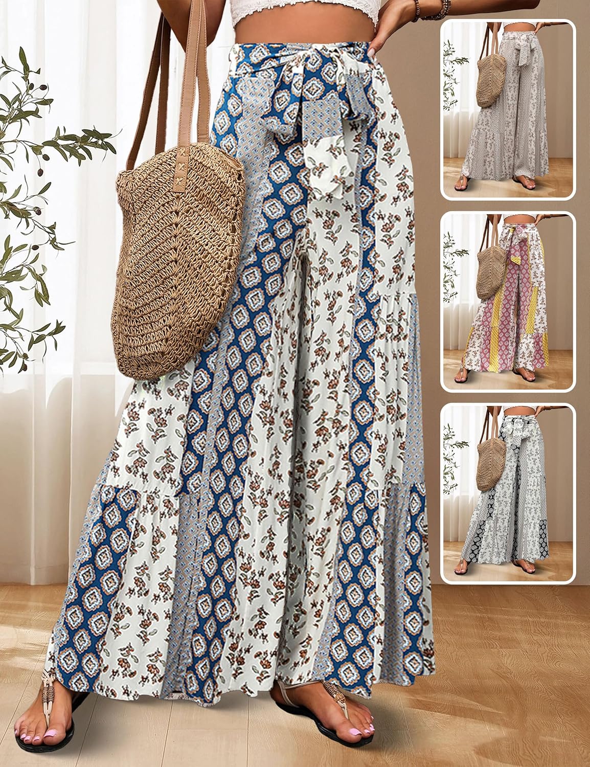 Women Casual High Waist Wide Leg Pants Boho Vacation Printed Loose Flowy Trousers with Pocket - Image 5