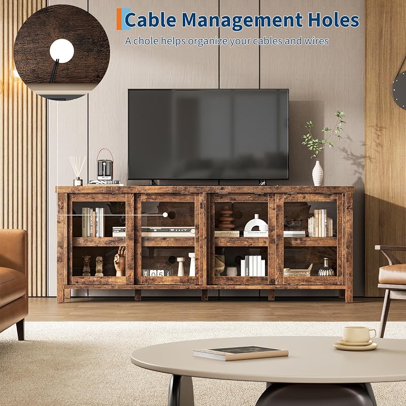 Garvee TV Stand for 65" with Entertainment Center, Storage Cabinet, 4 Sliding Glass Doors, Mid Century Modern Media TV Console Table for Living Room Bedroom, Retro Brown image 6