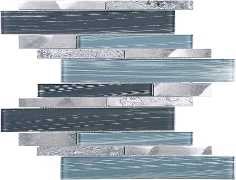TISTG-14 Blue & Grey Random Large Brick Glass, Stone Mix Metal Mosaic Tile 10 Sheets