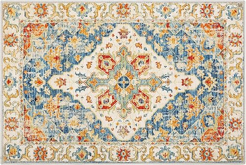 Miniatura 8 de Alfombra bohemia de 2 x 3 pies, lavable, vintage, para interiores, cubierta de suelo, antideslizante, alfombra bohemia plegable, exquisita alfombra