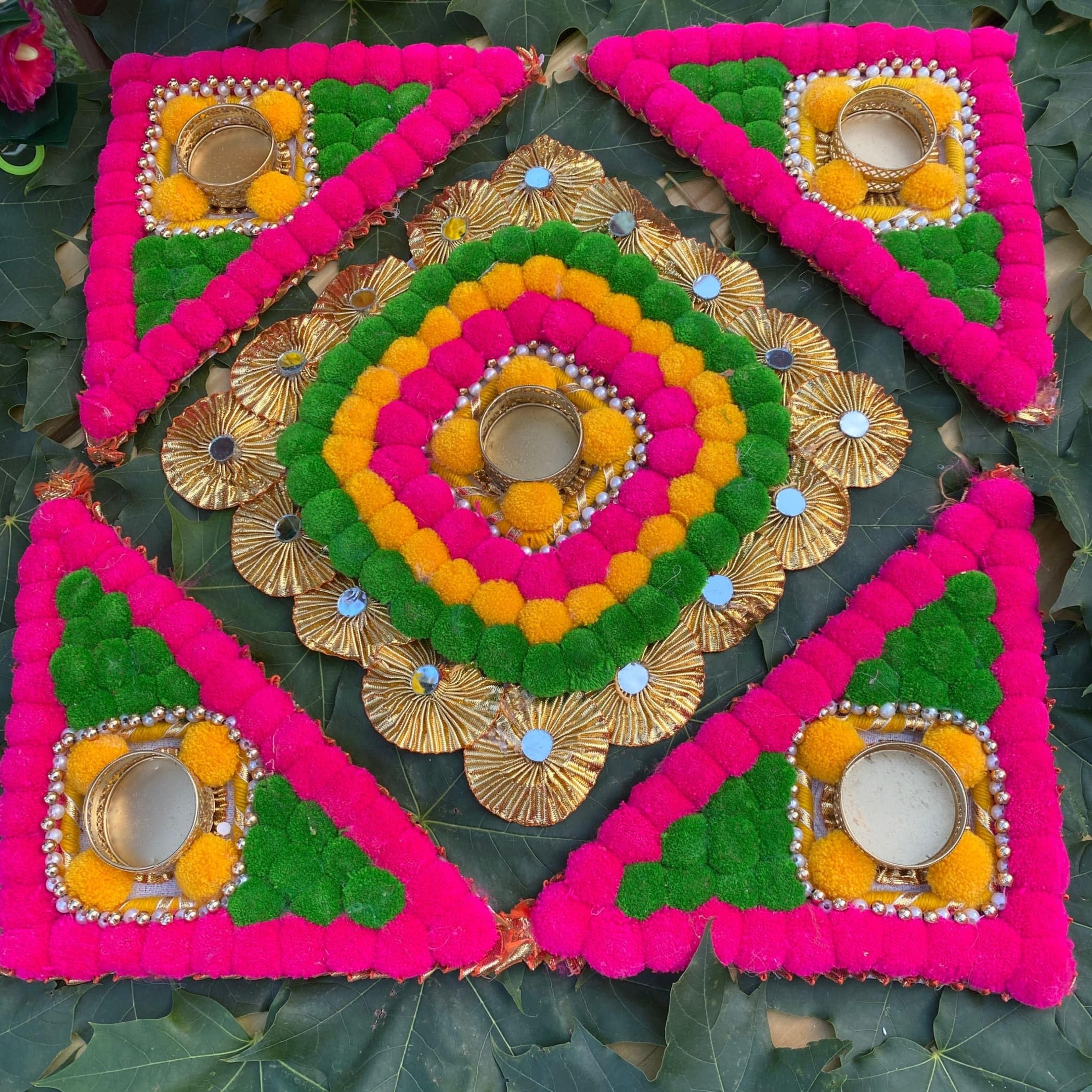 LOVENSPIRE Rangoli Mat with Tea Light Candle Holder for Diwali Christmas Onam Pongal Decorations Pompom Rangoli Floor Home Temple Table Decor - Indian Traditional Deepawali Decoration (1 PCs)