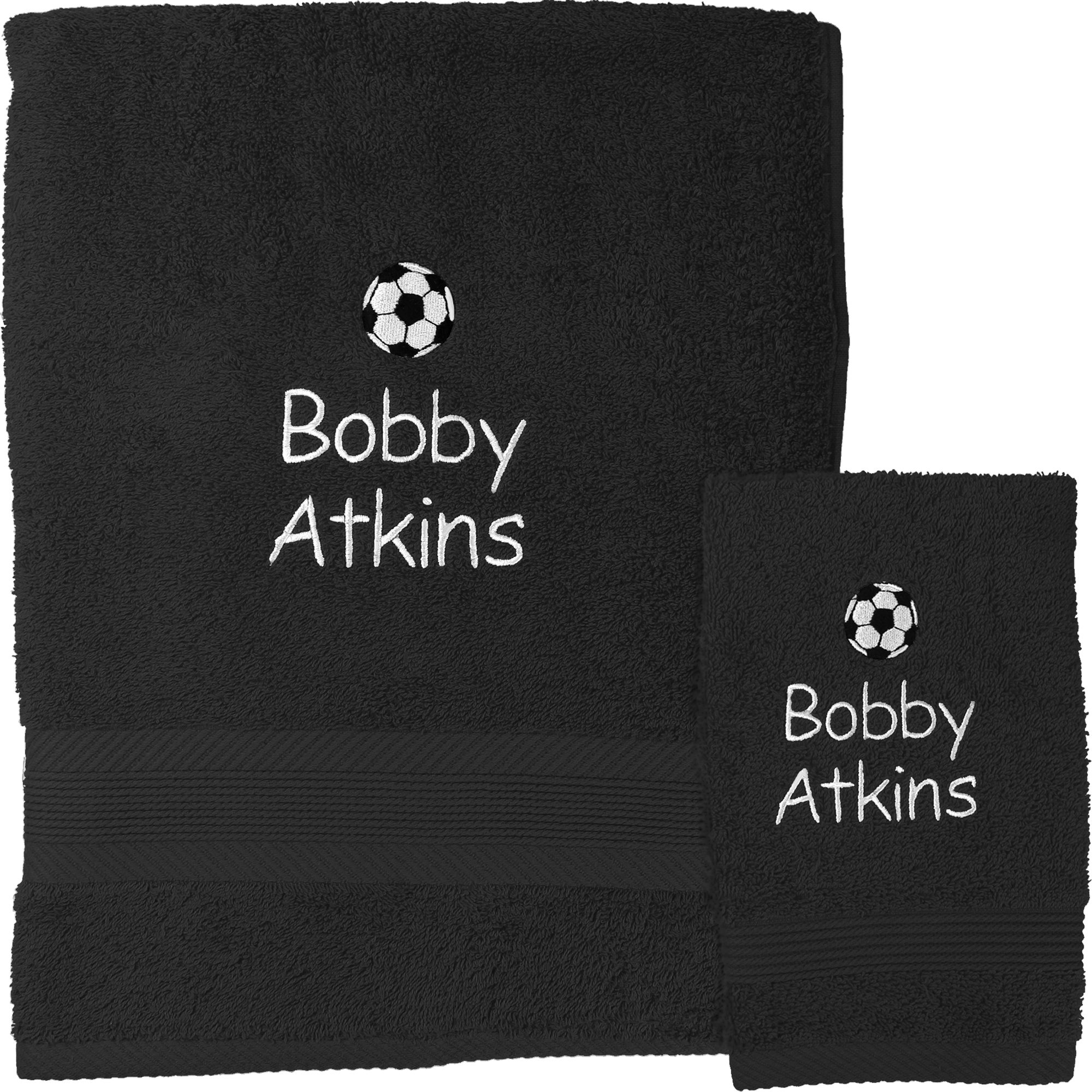 TeddyT's Personalised Name Children's Football Towel & Face Cloth Flannel Gift Set (Black)