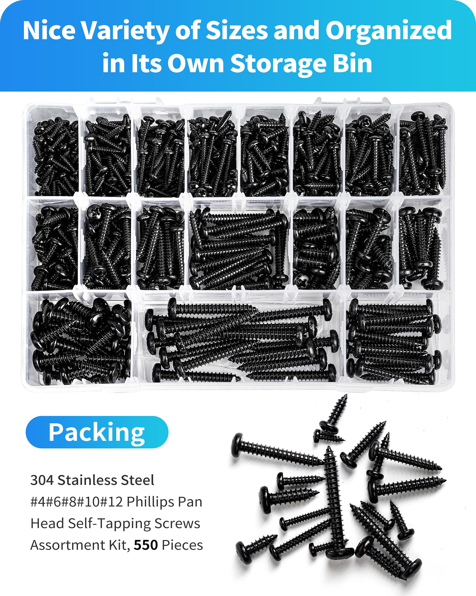 Kit assortito di 550 viti per legno in acciaio inossidabile 304 nero, viti autofilettanti a testa cilindrica Phillips, viti autofilettanti per legno, #4#6#8#10#12 (testa a testa piatta nera