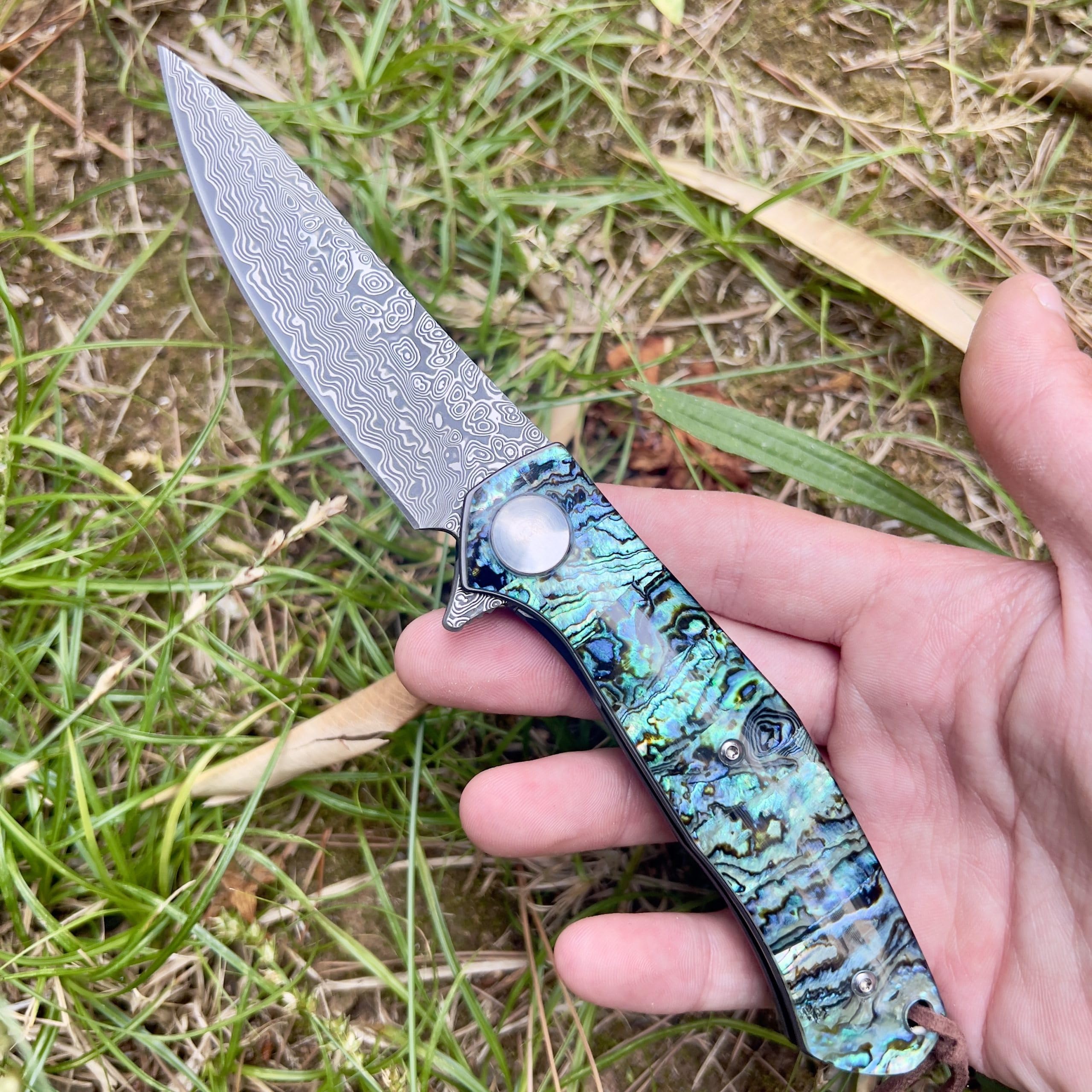 Coltello Pieghevole Tascabile di Lusso in Acciaio Damasco 67 Strati VG10 Lama Affilata Manico in Madreperla Abalone da Collezione Regalo per Uomo EDC Pesca Caccia Artigianato Custom