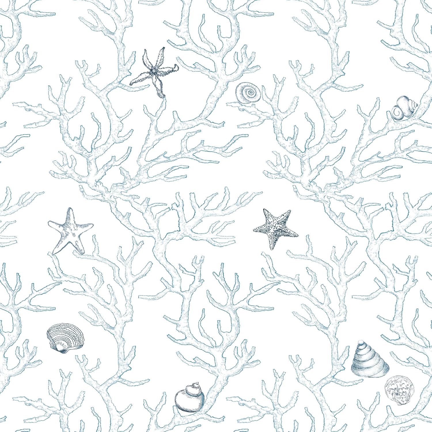 Dviolet Peel and Stick Wallpaper - White and Light Blue Contact Paper - Coral/Seashell/Starfish Pattern - Removable Wallpaper for Kids Room - 17.3"X 118"