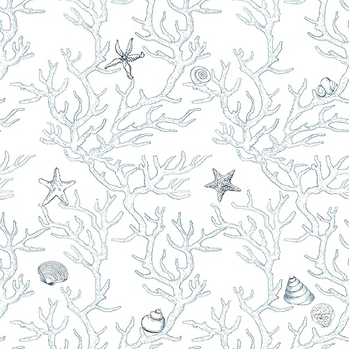 Miniatura 7 de Papel tapiz adhesivo blanco y azul claro para despegar y pegar, papel tapiz de coral, conchas y estrellas de mar, papel de contacto extraíble para