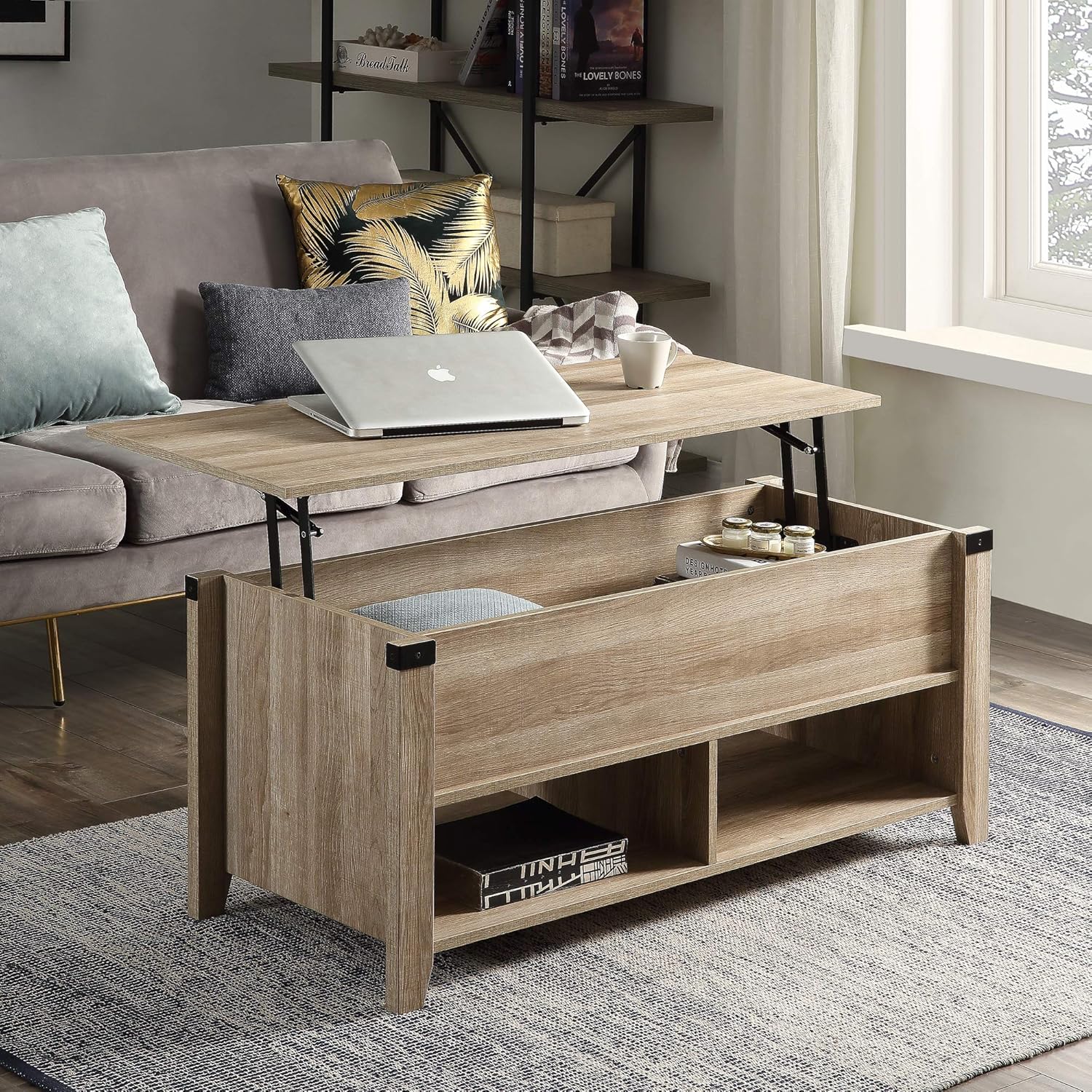 Lift Top Coffee Table with Hidden Storage Compartment & Shelf, Multipurpose Coffee Table with Drawers,Open Shelf and Storage, Lifting Top Table for Living Room, Oak