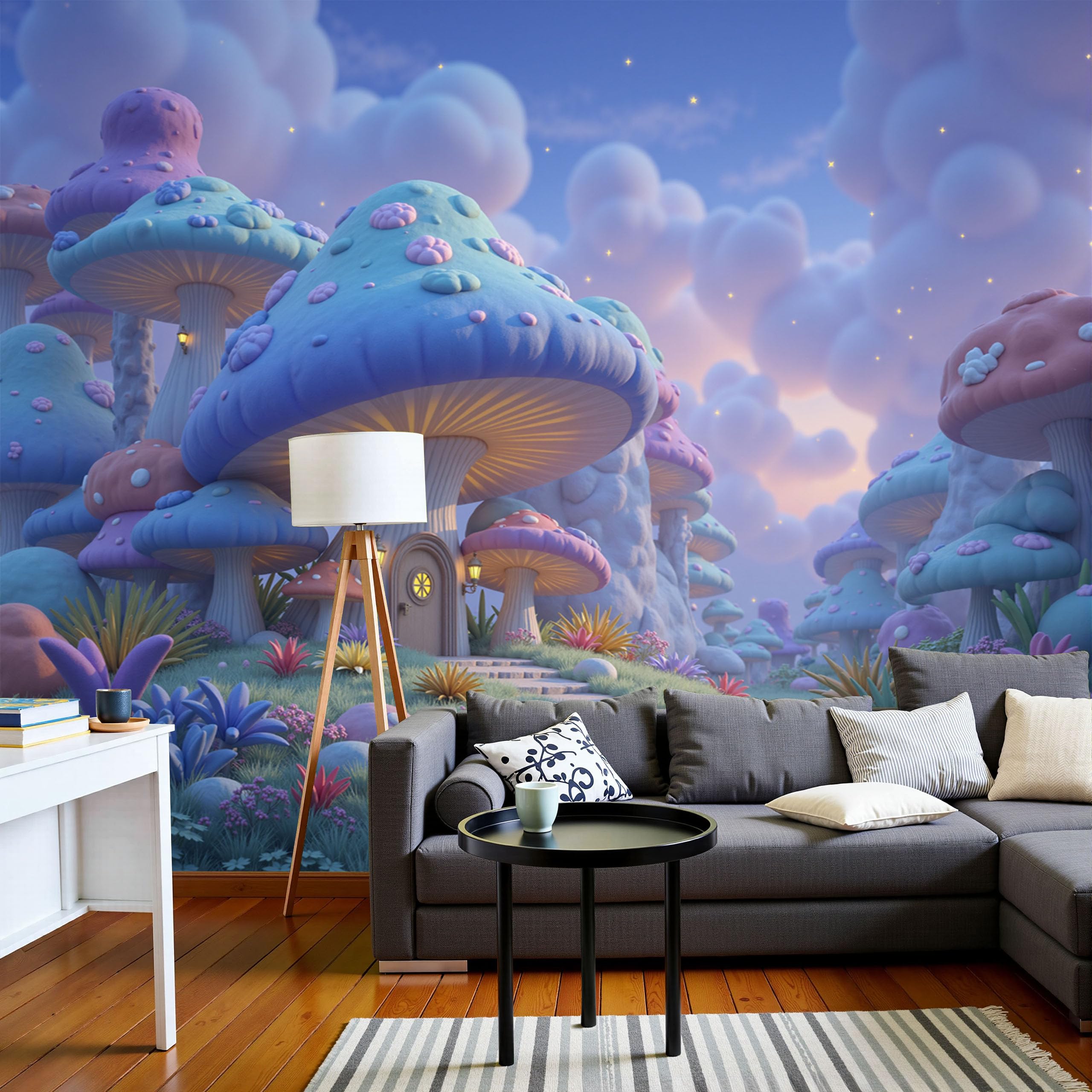 Papier peint panoramique 3D forêt magique bleue : poster mural xxl de 300x210 cm pour chambre