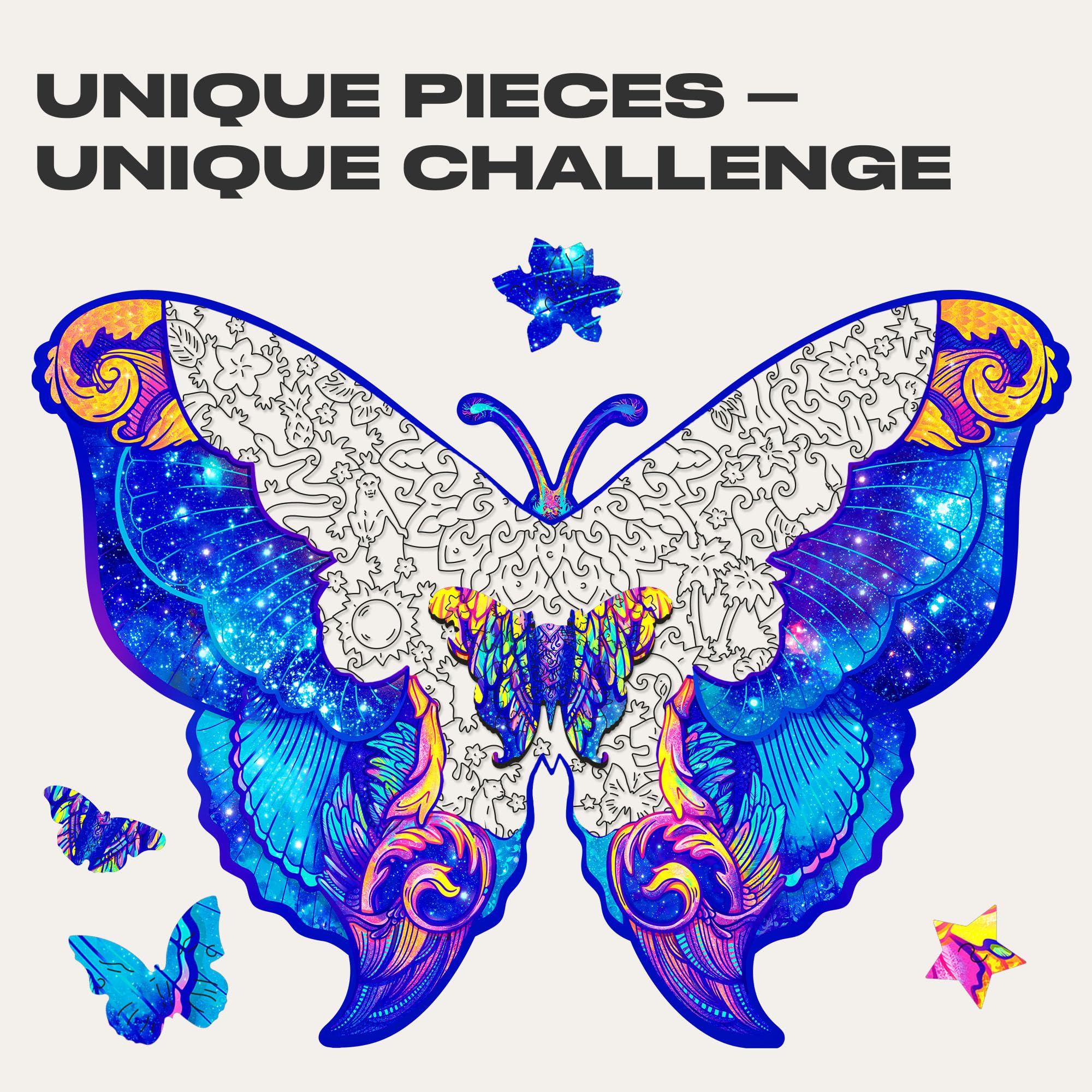UNIDRAGON Intergalactic Butterfly Wooden Jigsaw Puzzle for Adults - 306 Unique Shaped Pieces - King Size 41 x 30 cm