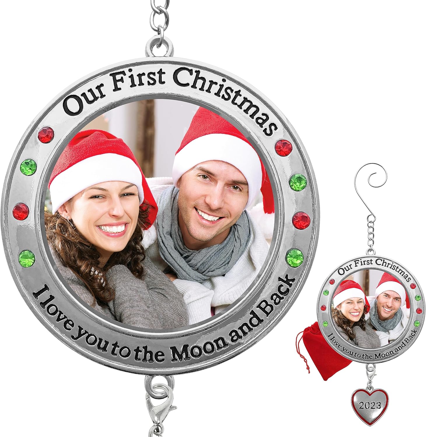 BANBERRY DESIGNS Our First Christmas Ornament Keepsake - 1st Xmas 2023 Picture Ornament - I Love You to The Moon and Back - Gift/Storage Bag Included