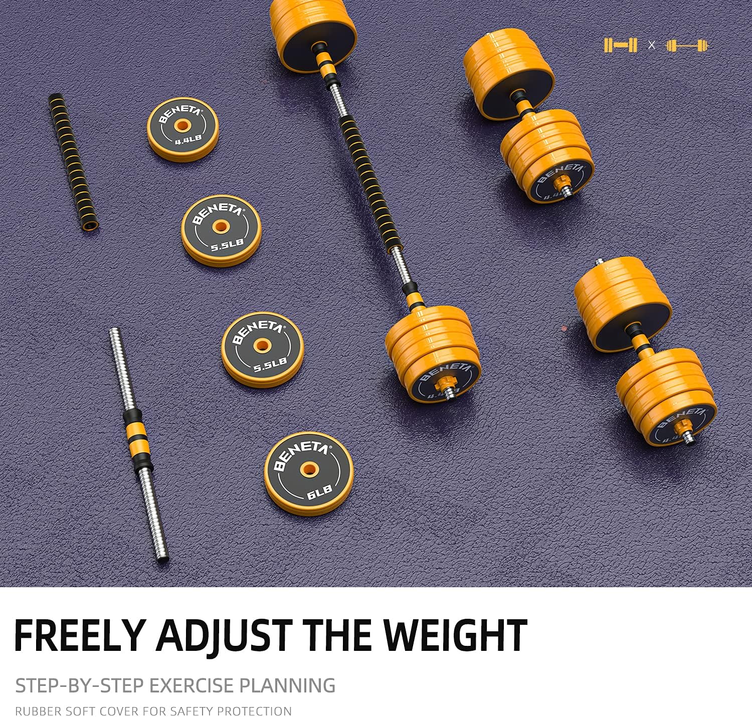 Adjustable Barbell, 88lbs Adjustable Dumbbell Set, Weight Dumbbell Set, Multifunction Free Weights Dumbbell Barbell Set, with Non-Slip Rubber Protective Cover, for Men, Home, Gym